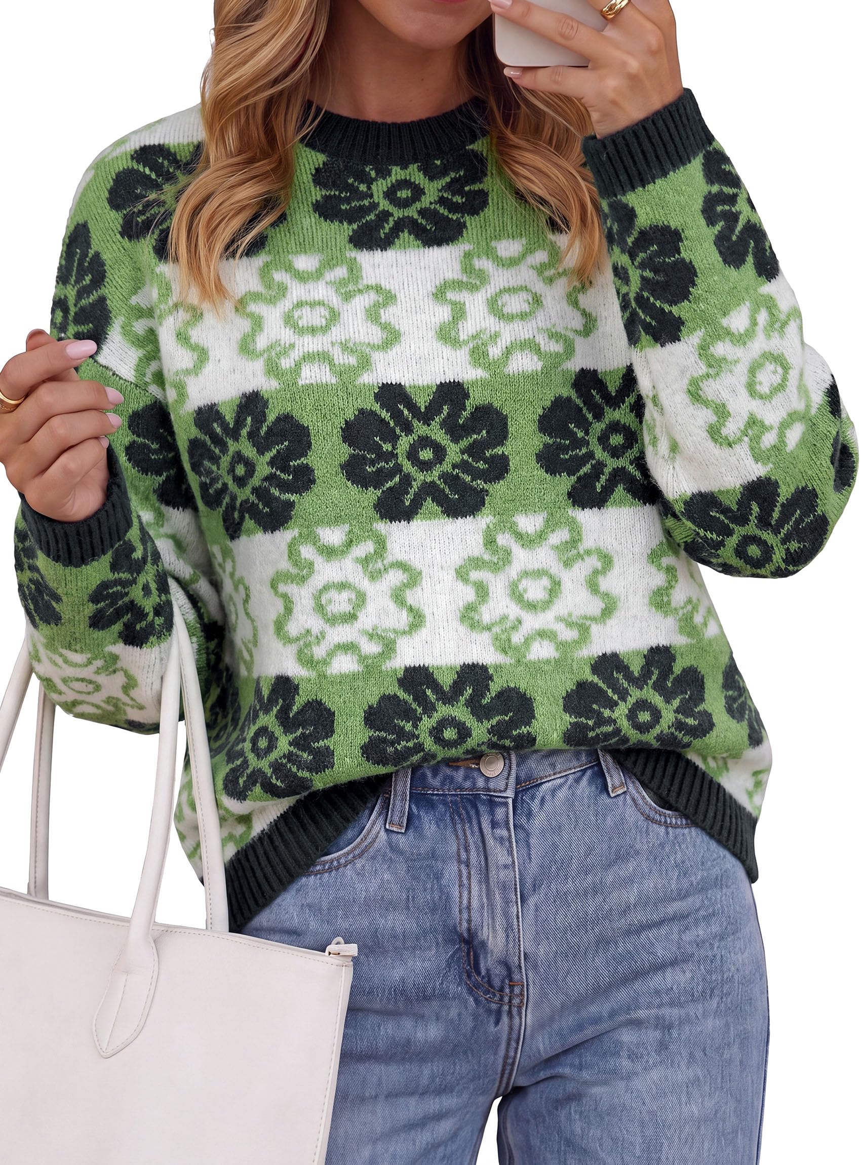 PRETTYGARDEN Women's Floral Crewneck Sweater Knit Pullover Loose Fit, Chunky Knit Sweaters Tops, Dressy Casual Work Vacation Holiday Outfits, Womens Fall Fashion, Winter Clothes