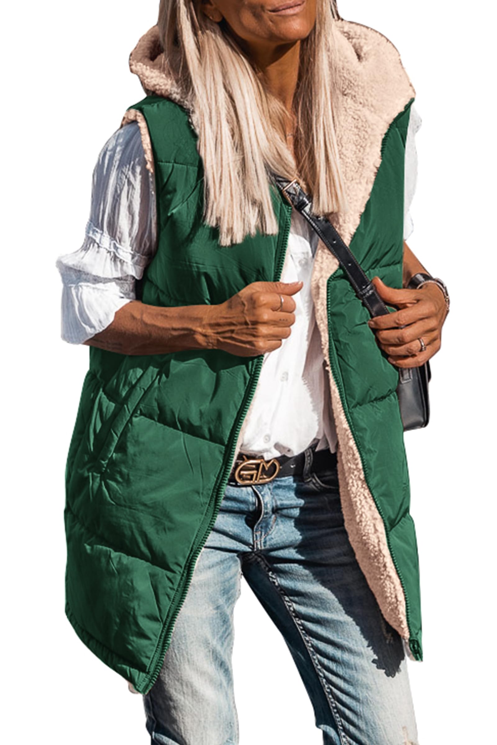PRETTYGARDEN Womens Fall Reversible Long Vests Sleeveless Fleece Jacket Zip Up Hoodie Pockets Warm Coat Winter Clothing