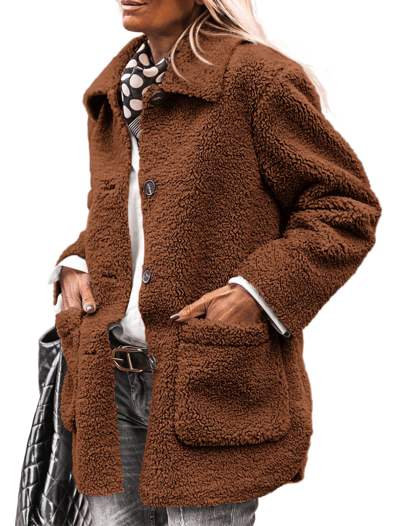 PRETTYGARDEN Women's Winter Faux Fur Coats Long Sleeve Lapel Button Down Pockets Fleece Sherpa Jacket Casual Trendy Outerwear