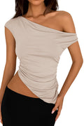 PRETTYGARDEN Womens Summer Off The Shoulder Crop Tops Sleeveless One Shoulder Ruched Asymmetrical Y2K Going Out Tank Top