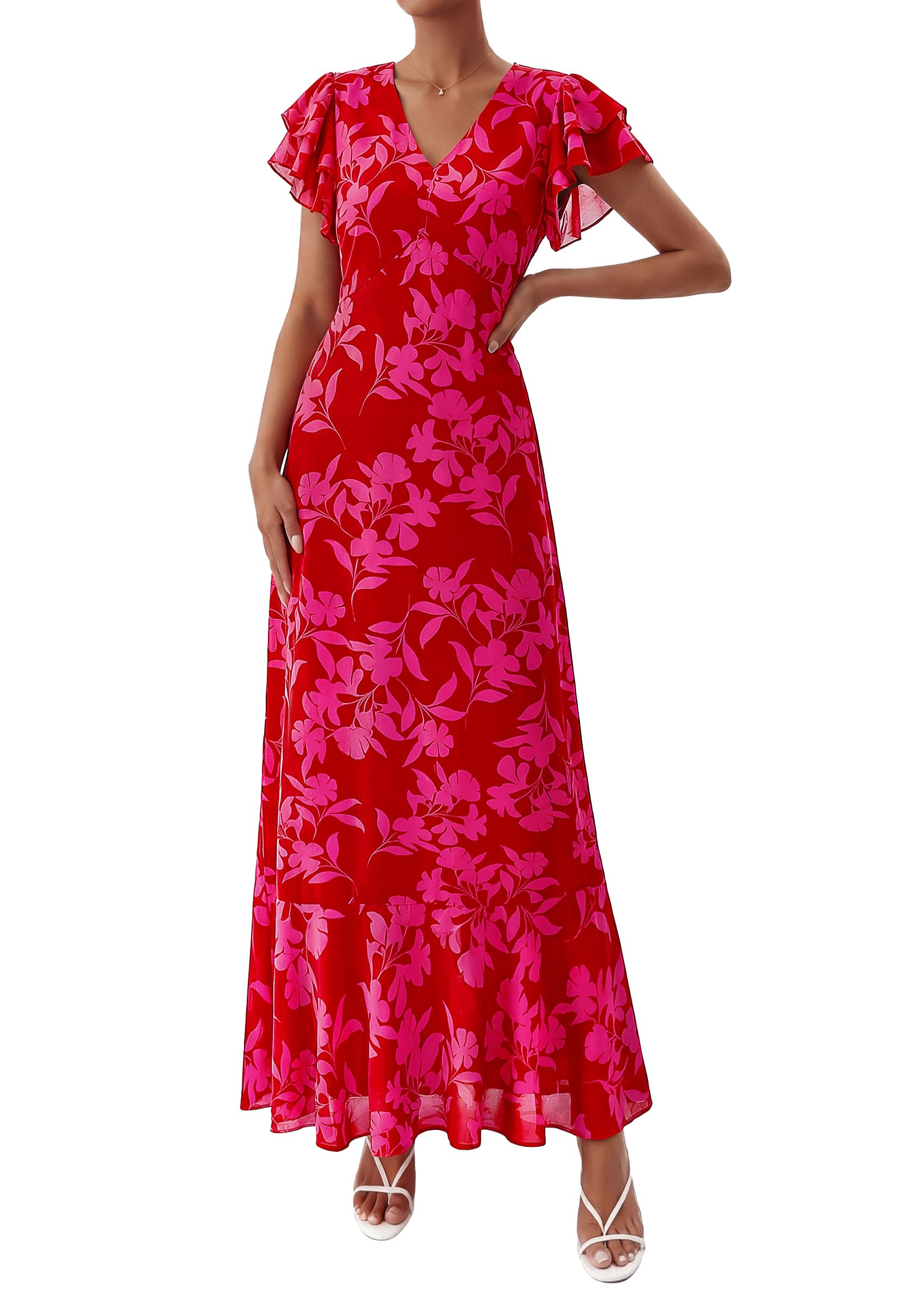 PRETTYGARDEN Womens Summer Floral Maxi Dresses Spring Short Sleeve Ruffle V Neck Flowy Boho Long Beach Vacation Sundress
