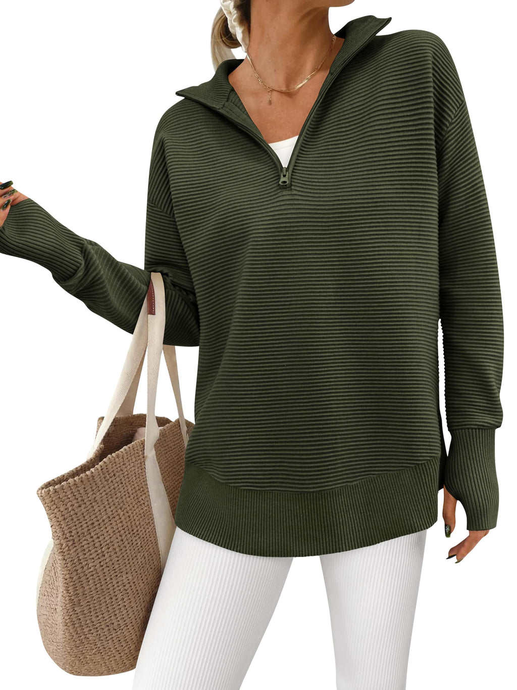 PRETTYGARDEN Womens Long Sleeve Quarter Zip Pullover Sweater Casual Loose V Neck Collared Ribbed Knit Jumper Tops Thumb Hole