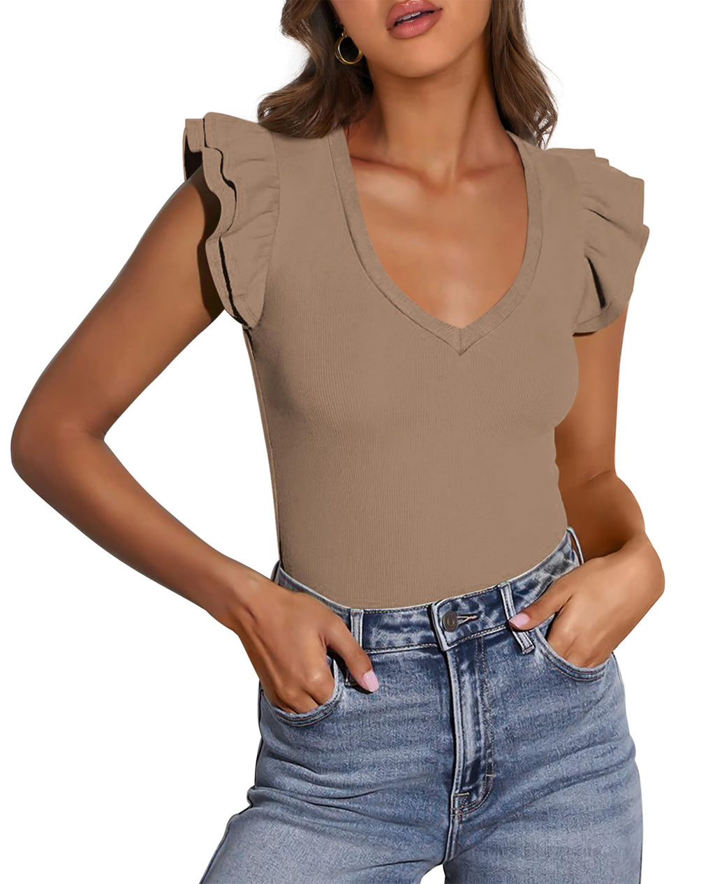 PRETTYGARDEN Womens V Neck Summer Tops Ruffle Sleeveless Slim Fit T Shirts Going Out Casual Blouses