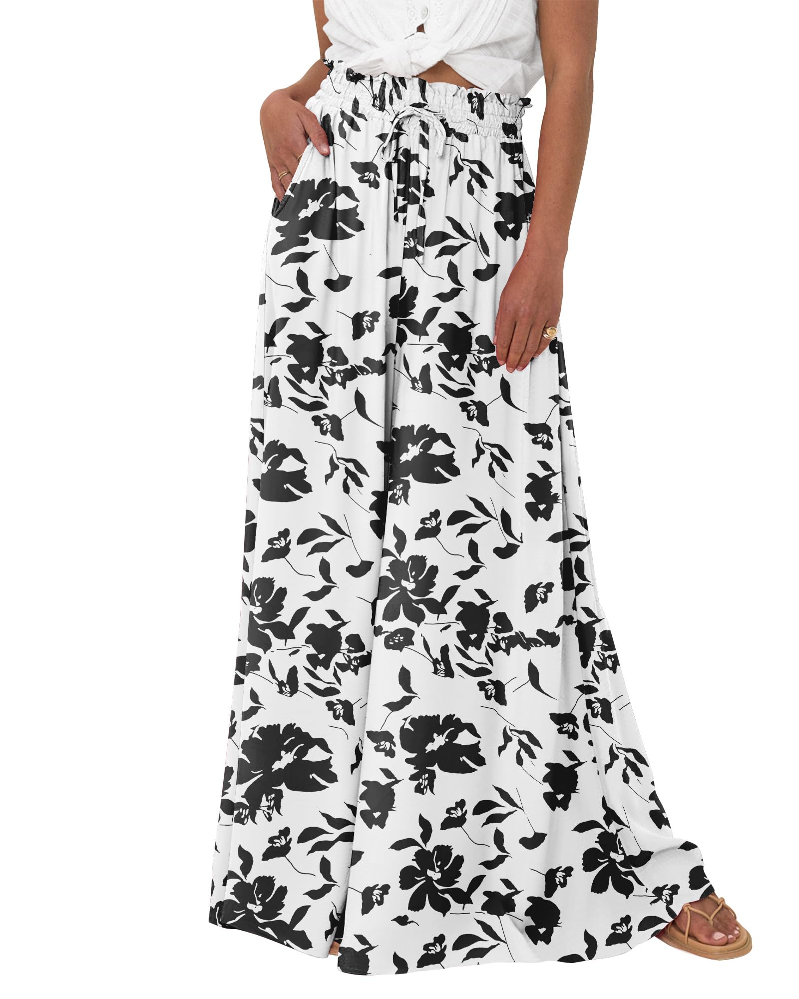 FreshPretty Women Casual High Waist Wide Leg Pants Summer Fall Long Palazzo Pants Pocket Lounge Vacation Beach Trousers