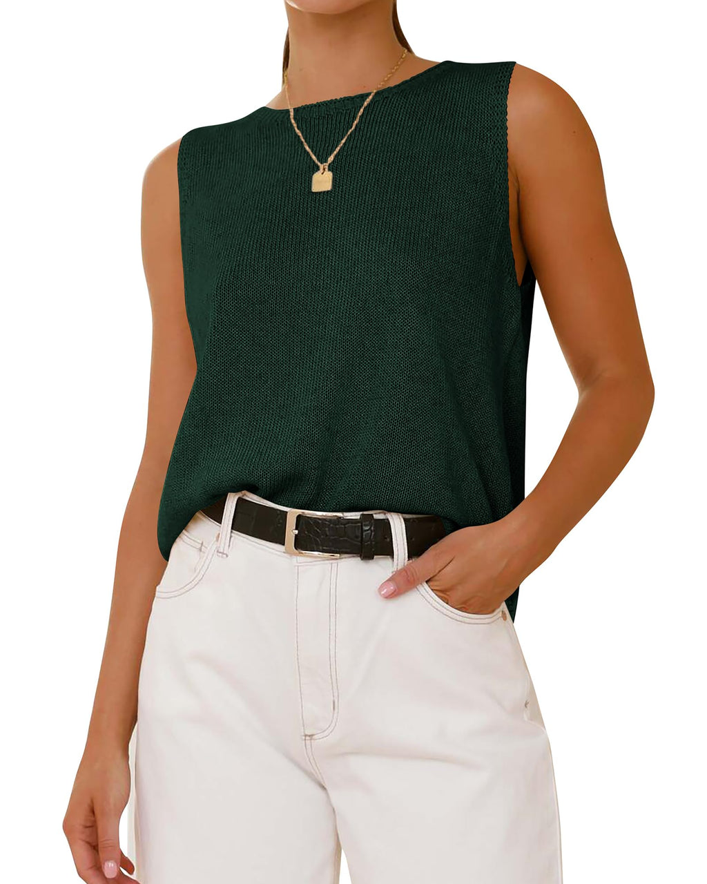 FreshPretty Women's Sleeveless Sweater Vest Summer Crew Neck Ribbed Knit Lightweight Pullover Casual Loose Fit Tank Tops