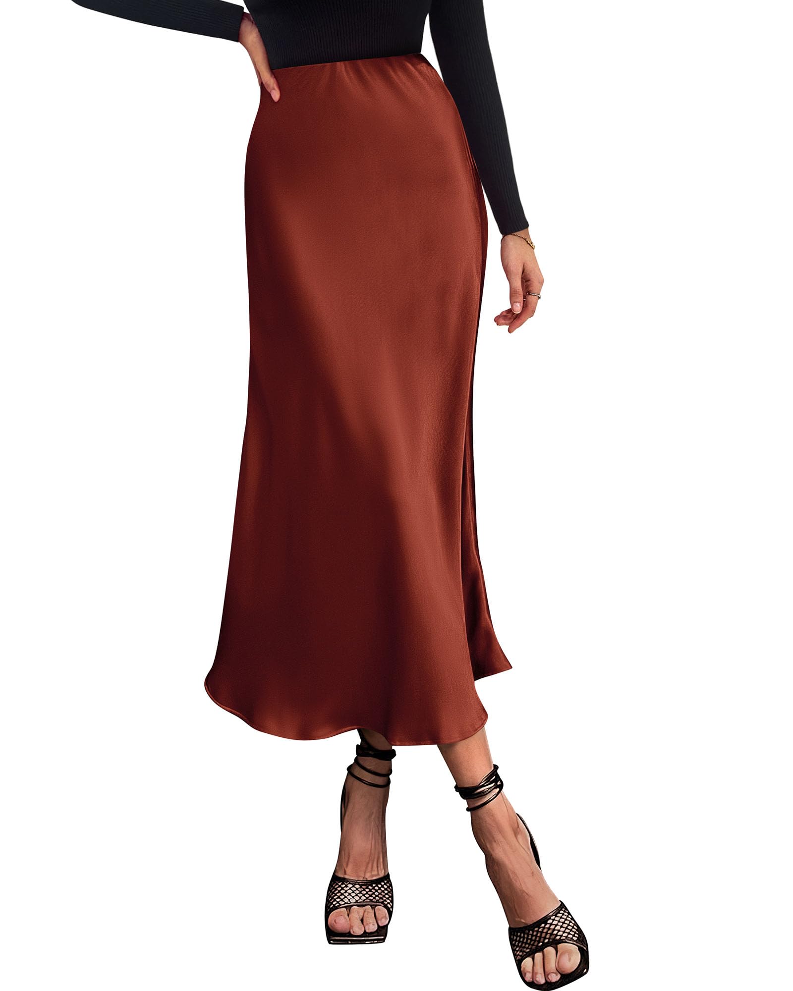 BTFBM Summer Womens Skirts Silk Elegant High Waist Flowy Long Satin A-Line Midi Skirt Cocktail Wedding Party