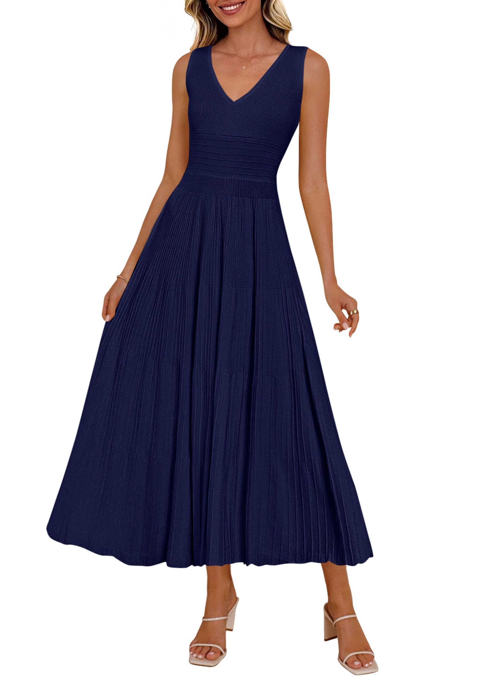 PRETTYGARDEN Women's Summer Casual Dresses Spring Sleeveless V Neck Knit Midi Business Work A Line Cocktail Dress