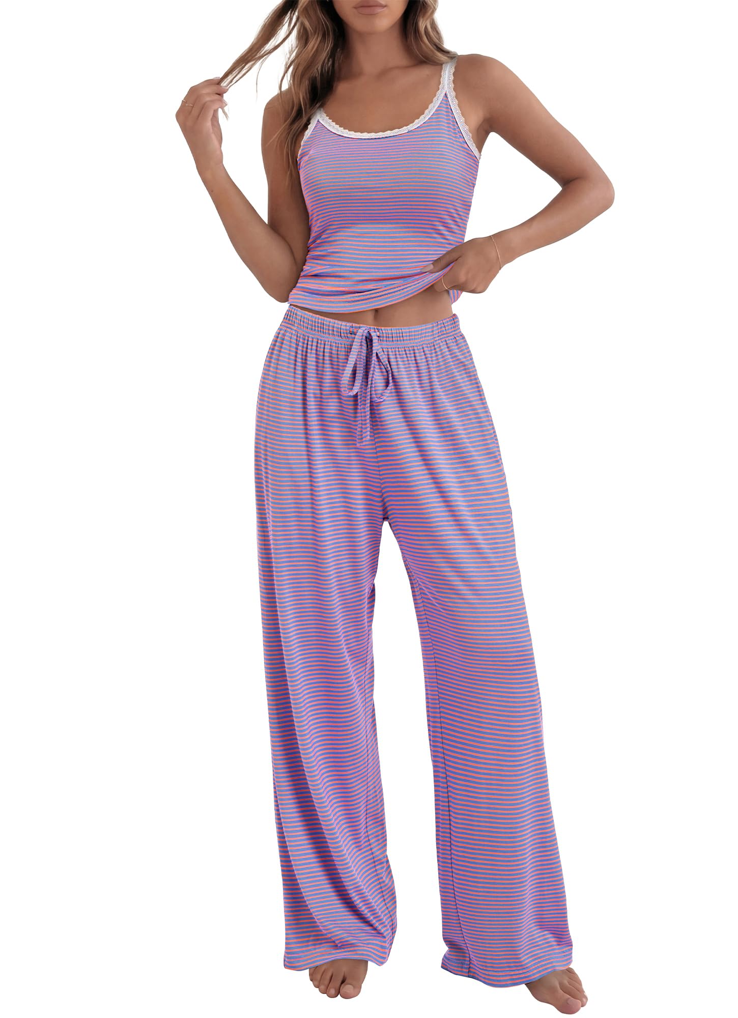 BTFBM Lounge Sets For Women Striped 2 Piece Pajama Sets Spaghetti Strap Tops Wide Leg Pants Beach Vacation Outfits