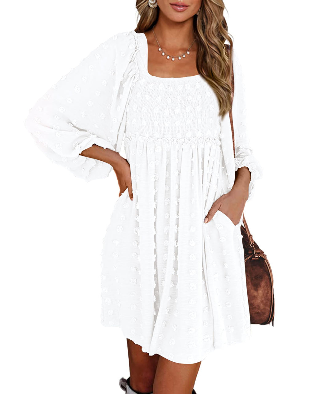 BTFBM Womens Long Sleeve Dress Summer Vacation Square Neck Smocked Floral Mini Boho Spring Wedding Guest Dresses
