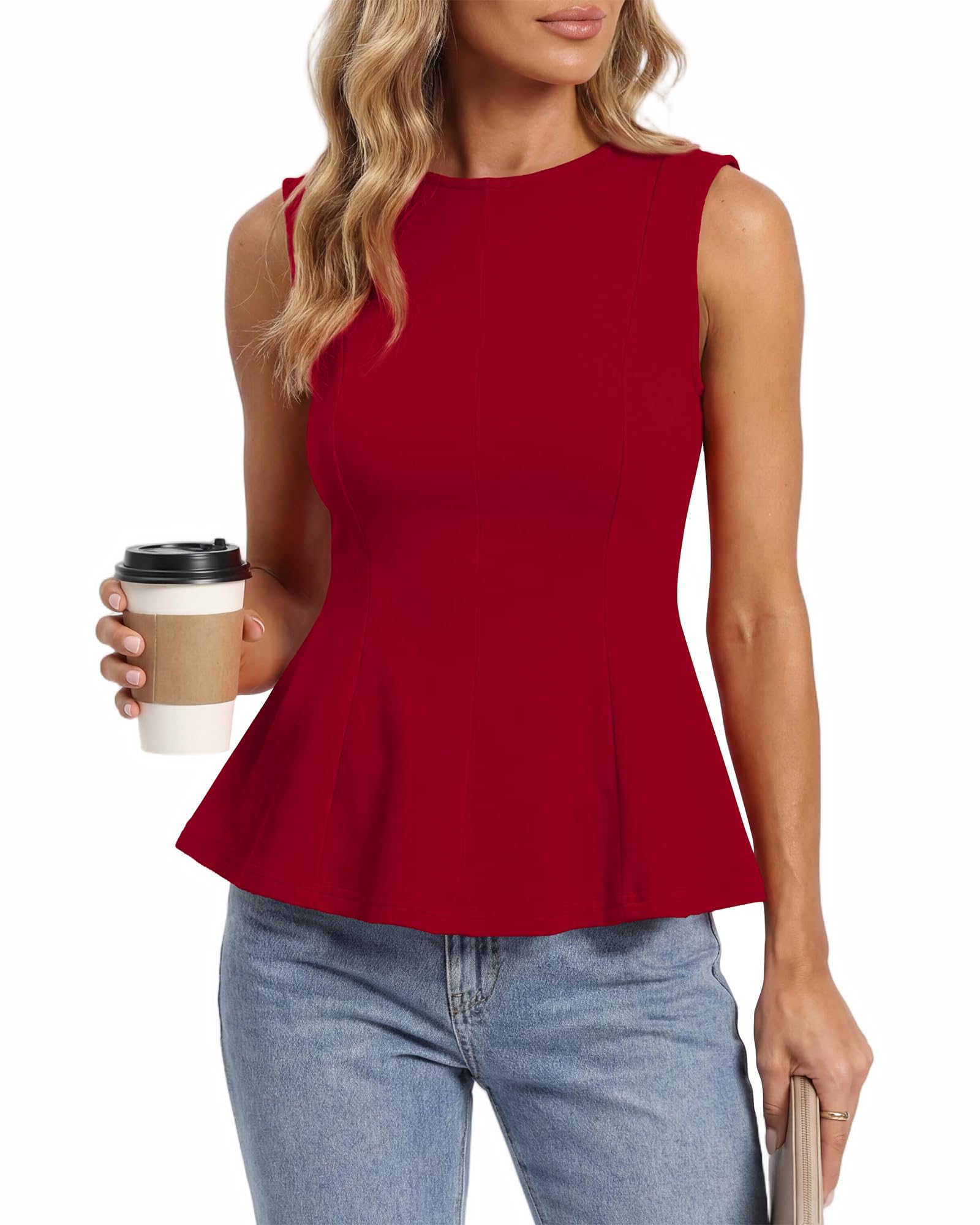 BTFBM Womens Summer Tops Business Casual Outfits Crew Neck Sleeveless Shirts Slim Fit Peplum Tank Top