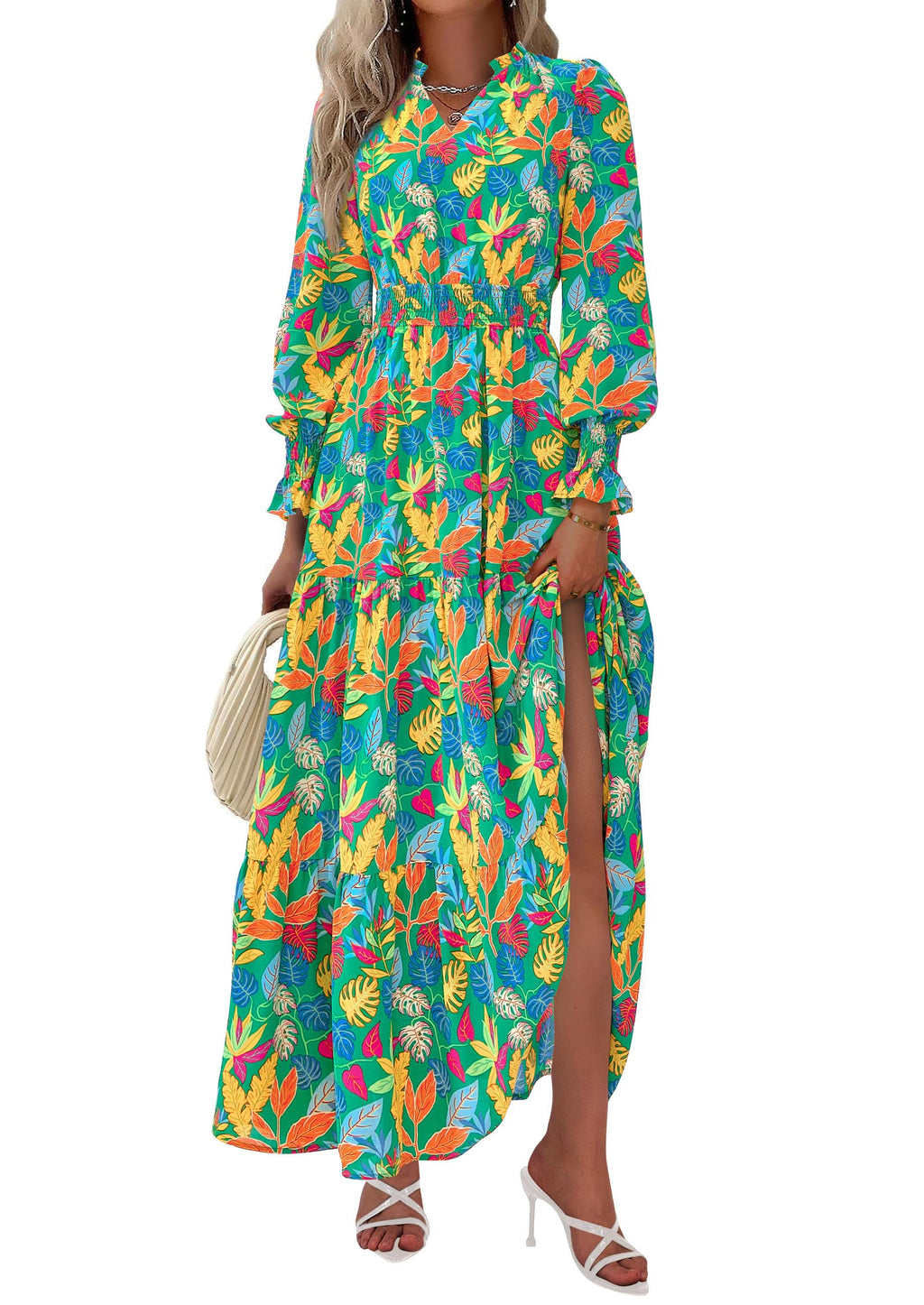 PRETTYGARDEN Women's Floral Maxi Dress Fall Long Sleeve V Neck Casual A Line Long Flowy Boho Party Dresses