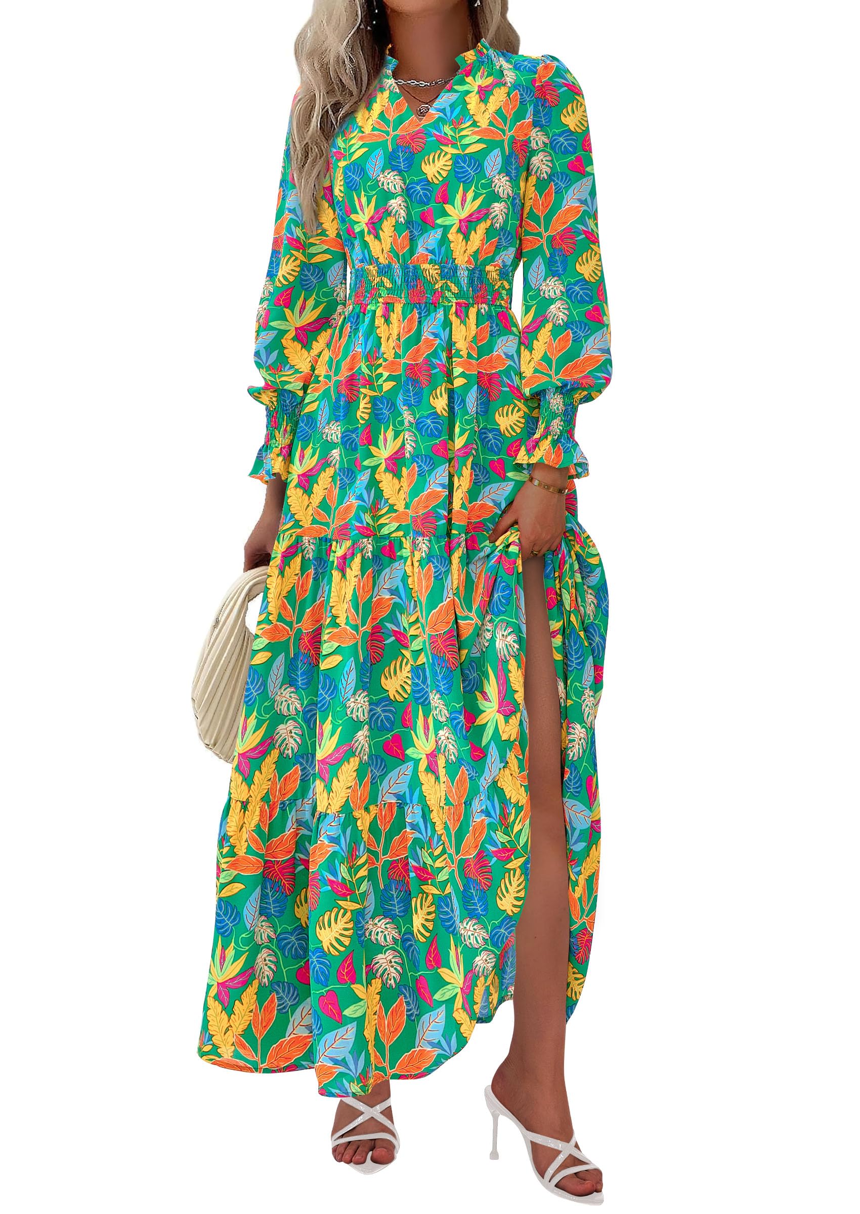 PRETTYGARDEN Women's Floral Maxi Dress Fall Long Sleeve V Neck Casual A Line Long Flowy Boho Party Dresses