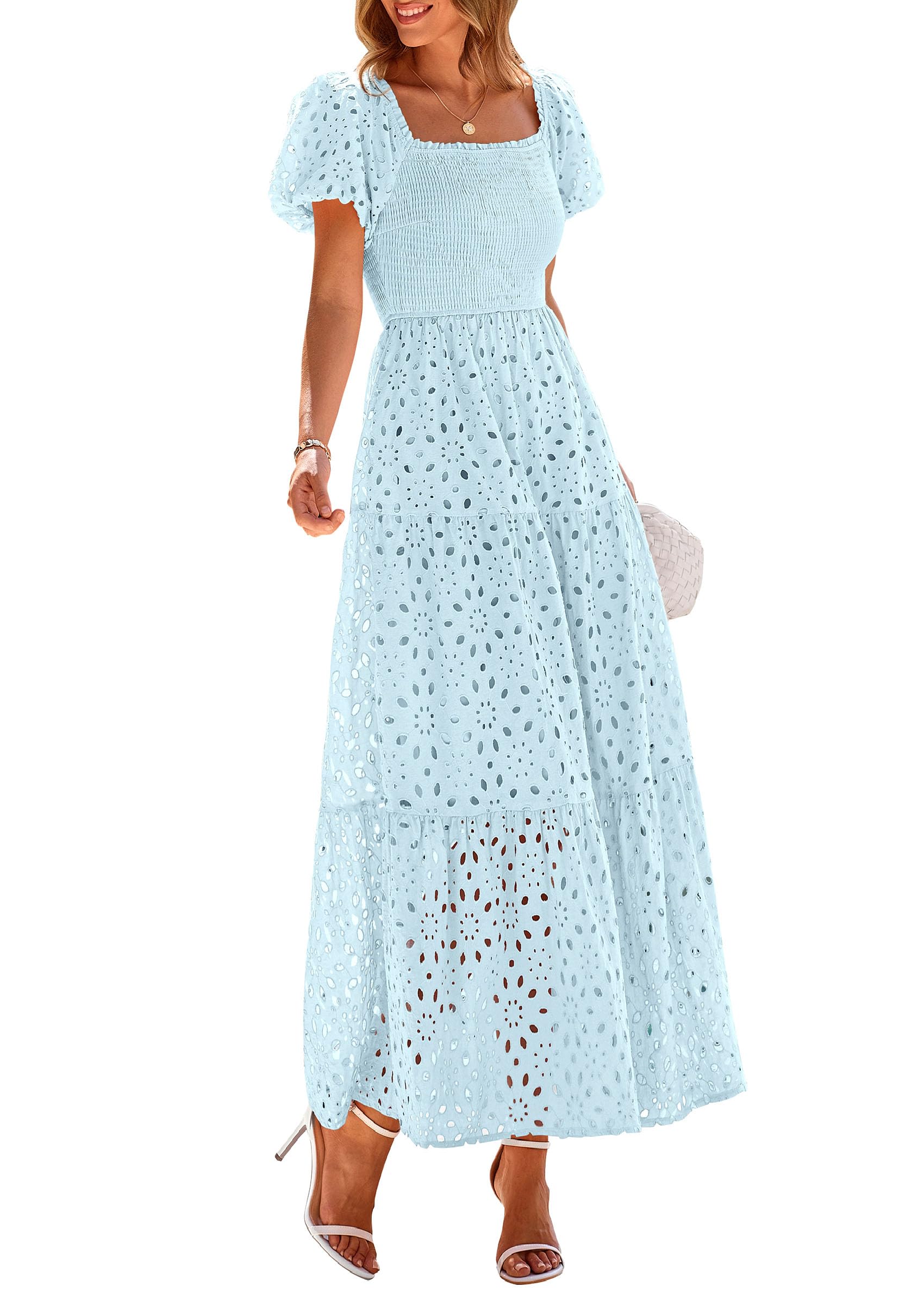 PRETTYGARDEN Summer Dresses for Women Eyelet Square Neck Puff Sleeve Smocked Wedding Guest Maxi Dress with Pockets