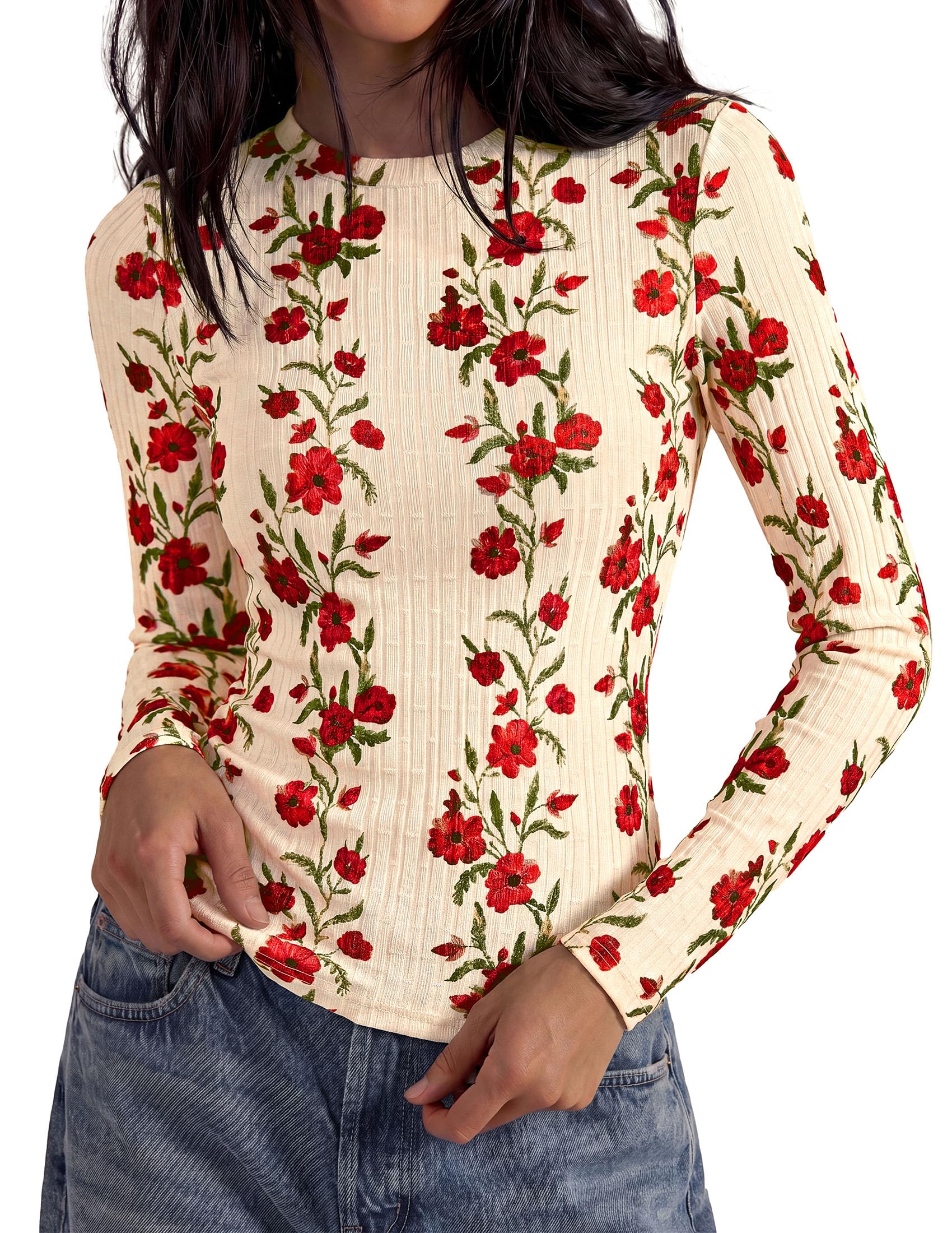 PRETTYGARDEN Womens Long Sleeve Shirts Floral Y2K Tops Soft Lightweight Ribbed Knit Top,Fitted Waist,Crew Neck Slim Fit,Going Out Vacation Outfits,Layering Fall Winter Clothes