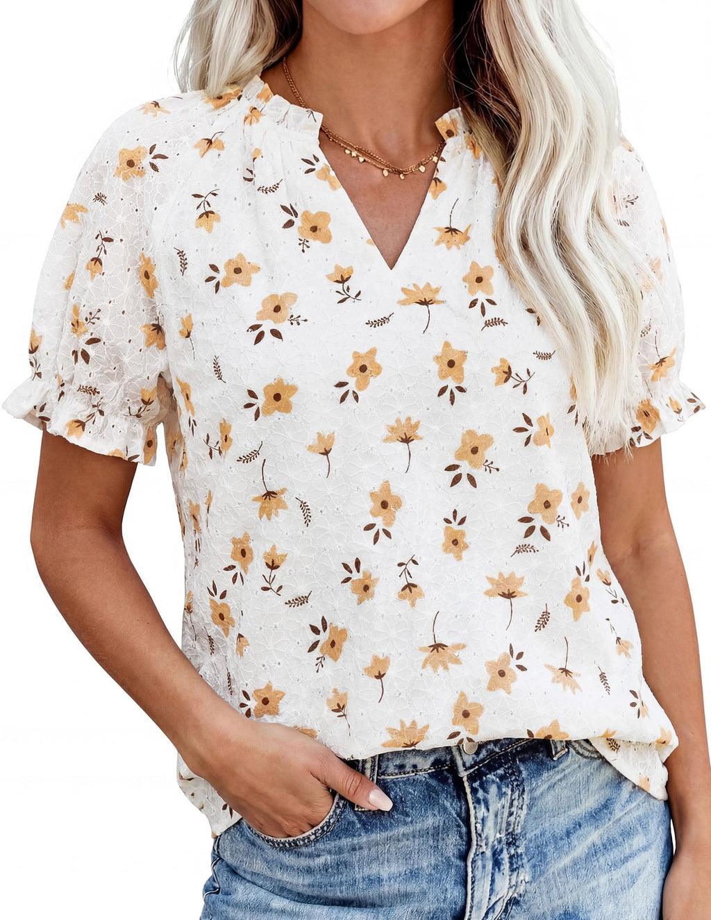 PRETTYGARDEN Summer Short Sleeve V Neck Shirts for Women Trendy Floral Print Loose Ruffle Tops Business Casual Blouses