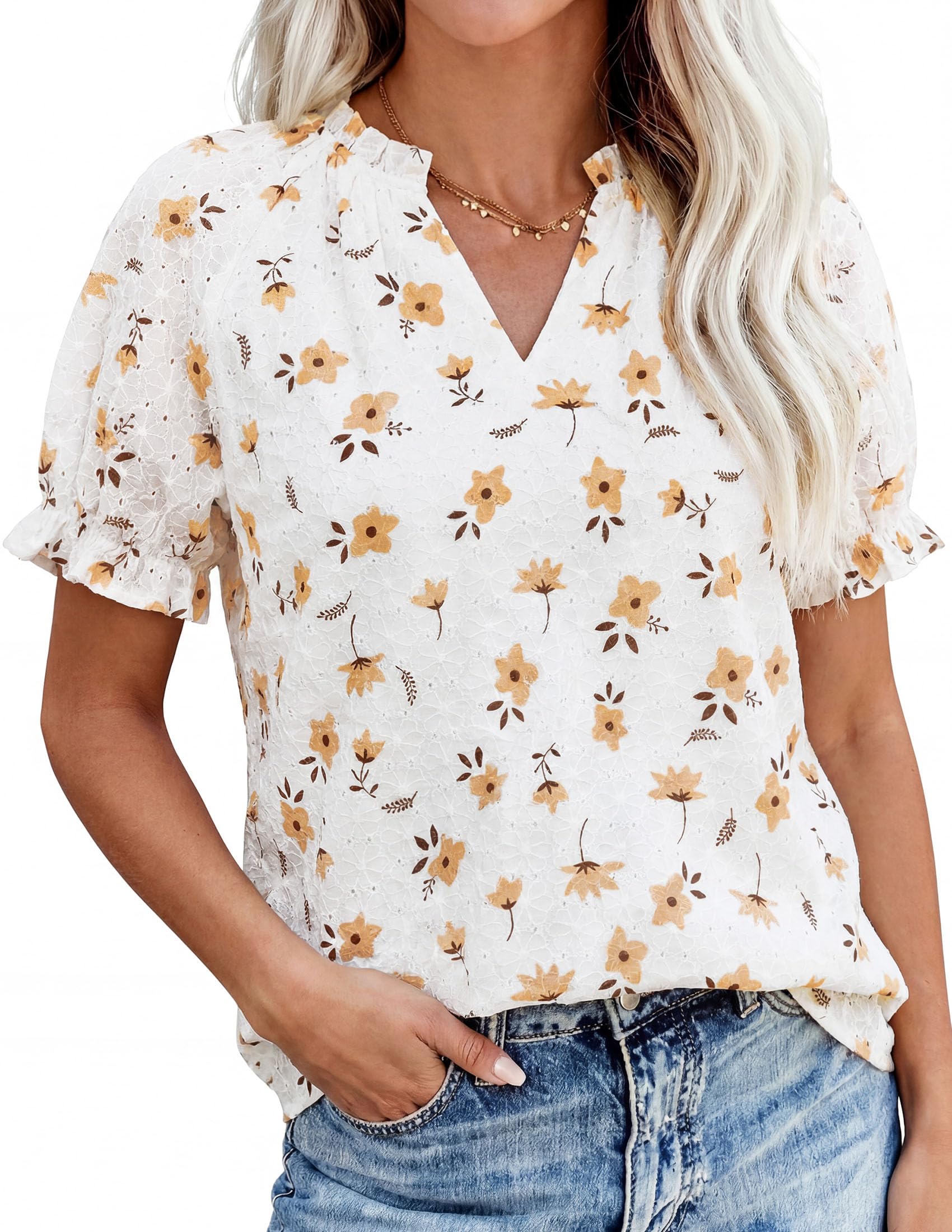 PRETTYGARDEN Summer Short Sleeve V Neck Shirts for Women Trendy Floral Print Loose Ruffle Tops Business Casual Blouses