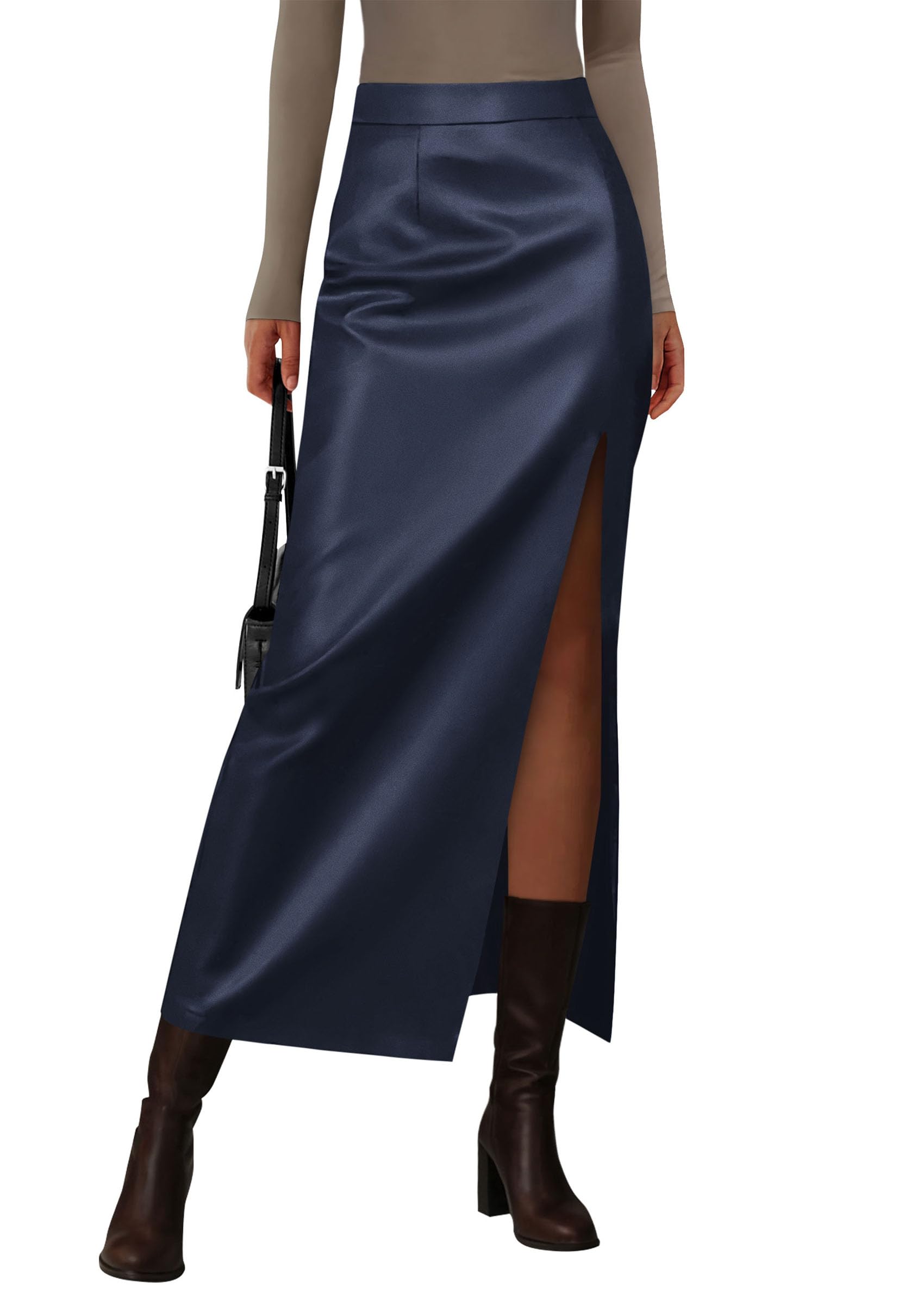 PRETTYGARDEN Womens Faux Leather Skirts Fall Fashion Bodycon High Waisted Slit Work Office Winter Maxi Long Pencil Skirt