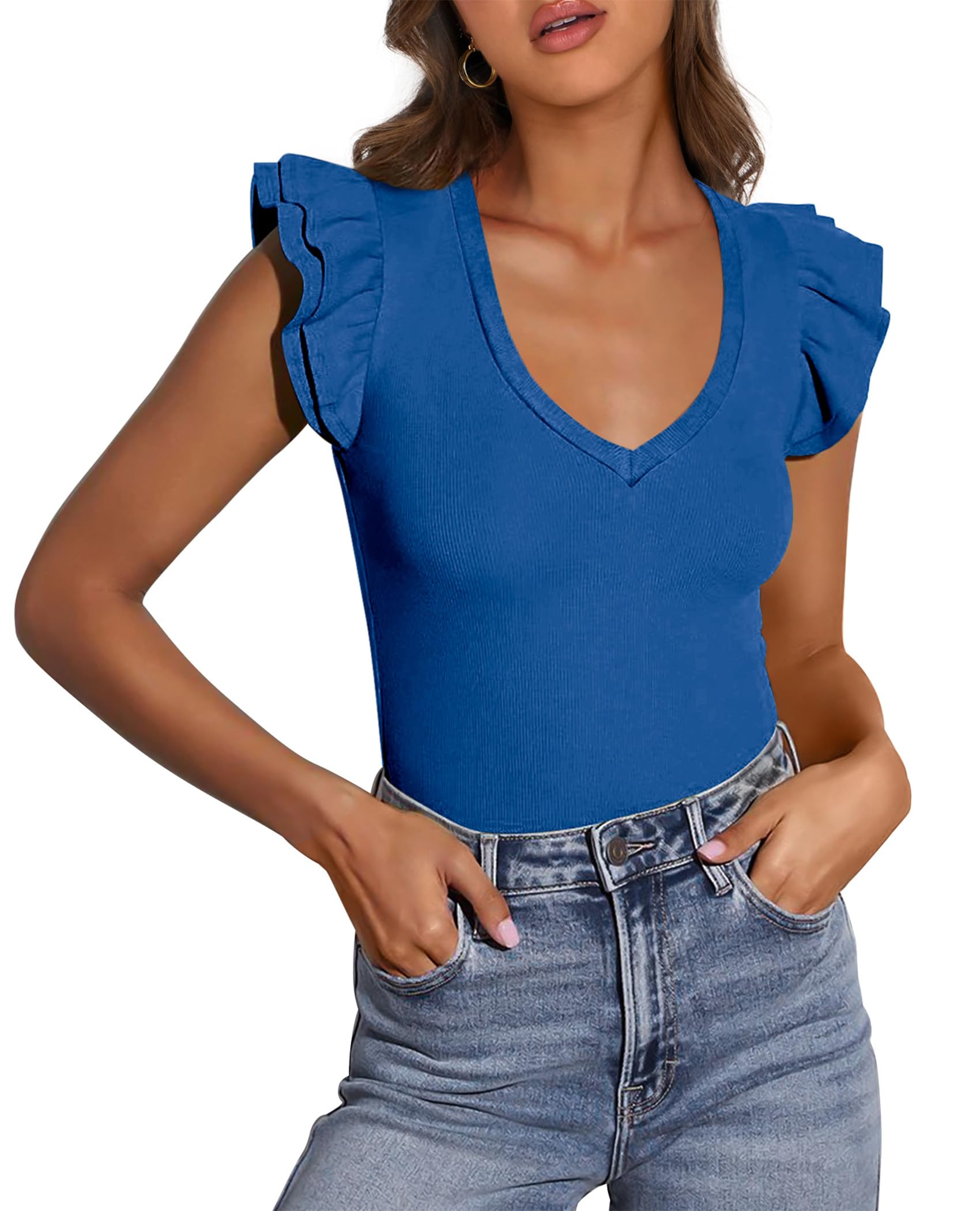 PRETTYGARDEN Womens V Neck Summer Tops Ruffle Sleeveless Slim Fit T Shirts Going Out Casual Blouses