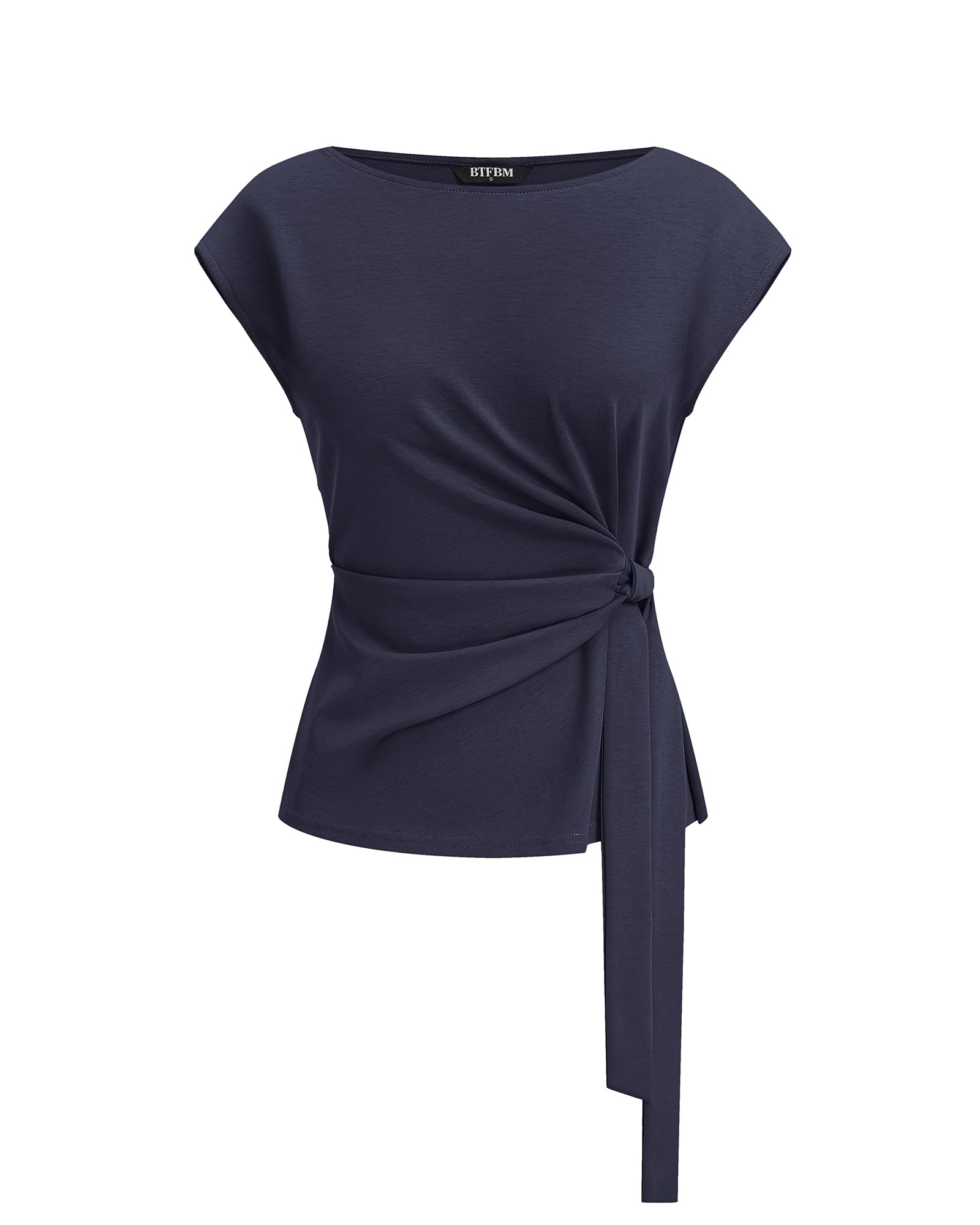 BTFBM Womens Tops Summer Cap Sleeve Crew Neck Tie Waist Blouses Dressy Casual Business Work Clothes Spring Fashion