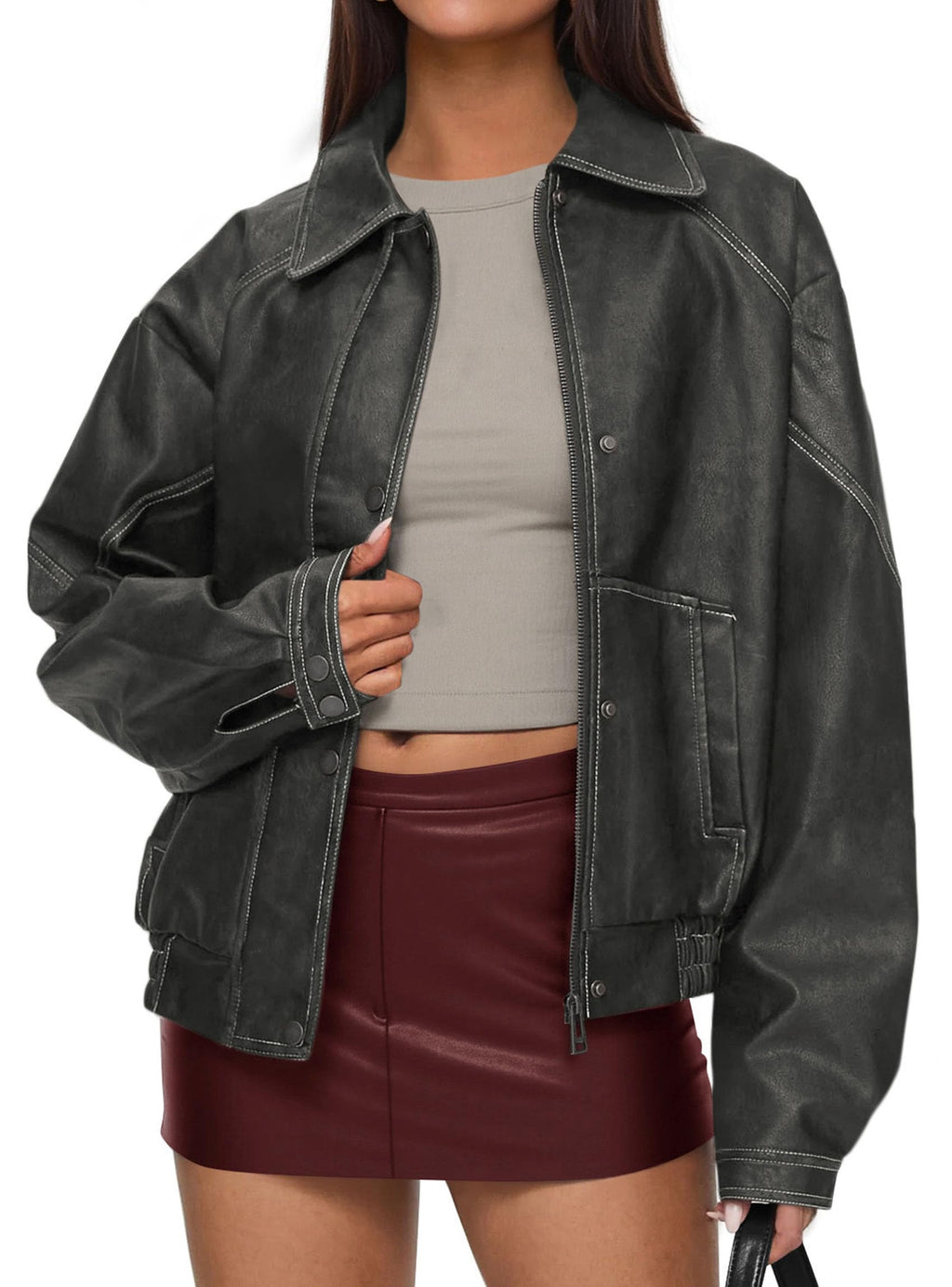 PRETTYGARDEN Faux Leather Jacket Women Bomber Motorcycle Zip Up Jackets Oversized Fall Fashion Outfits  Winter Coats