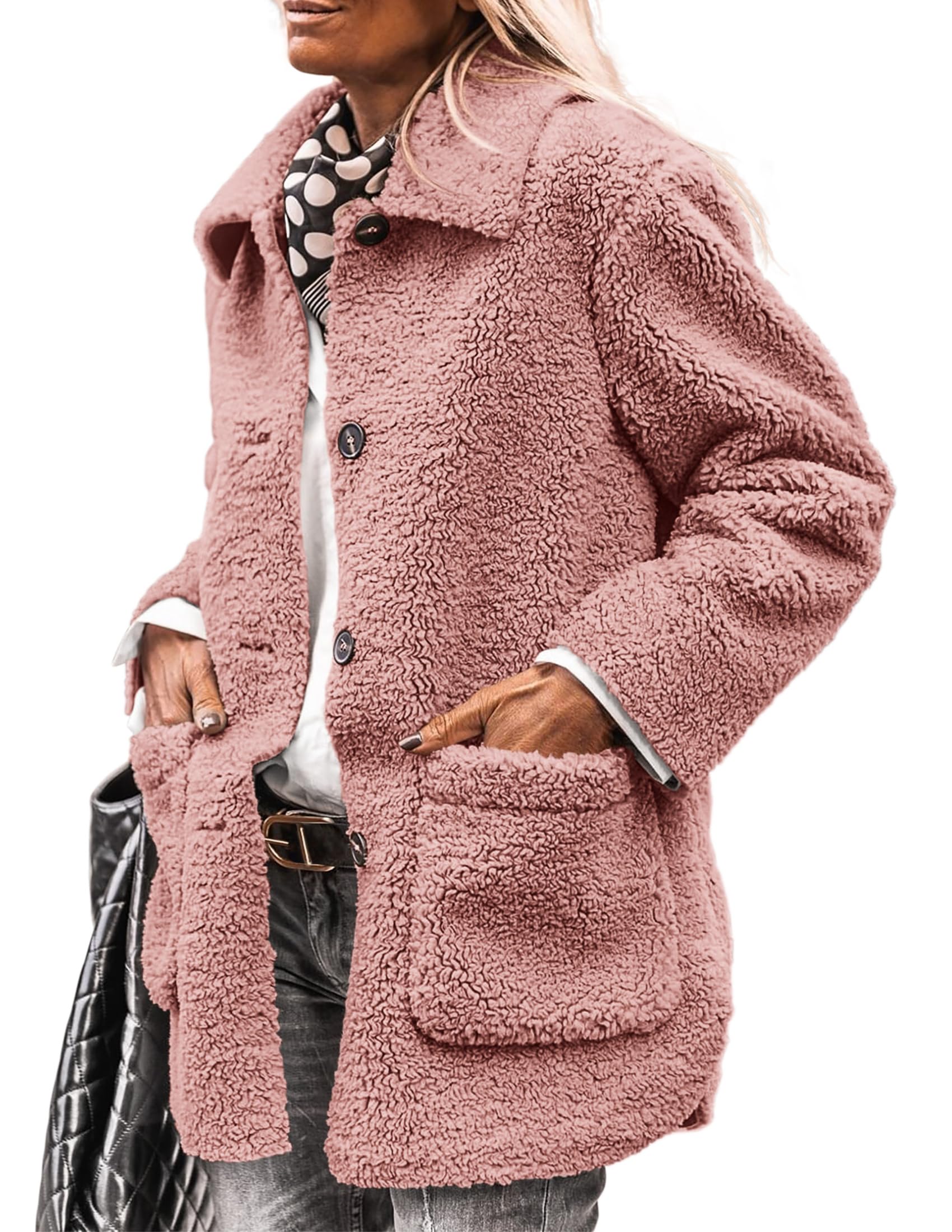 PRETTYGARDEN Women's Winter Faux Fur Coats Long Sleeve Lapel Button Down Pockets Fleece Sherpa Jacket Casual Trendy Outerwear