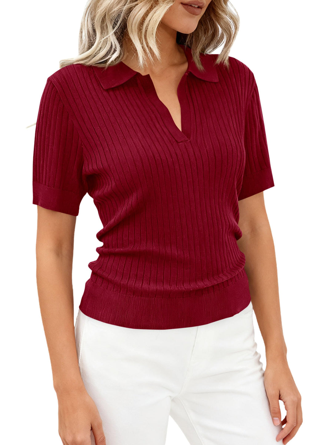 PRETTYGARDEN Women's Short Sleeve Sweater Spring Polo Shirts Ribbed Knit V Neck Business Casual Tops Summer Work Clothes