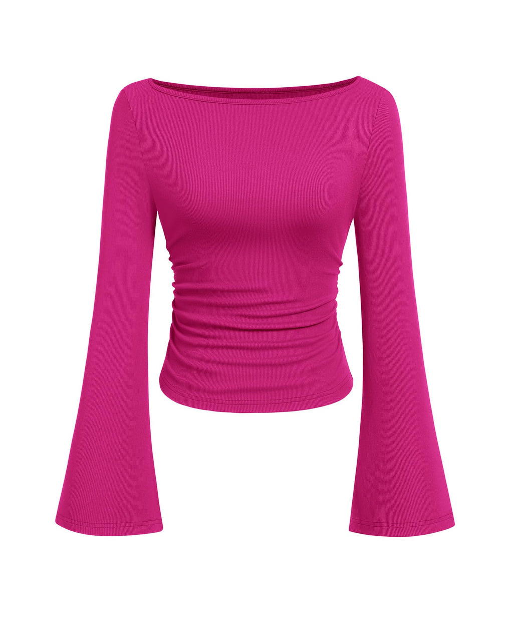 PRETTYGARDEN Women's Long Sleeve Shirts Fall Crop Going Out Tops Casual Boat Neck Bell Sleeve Ribbed Ruched Y2K Clothes