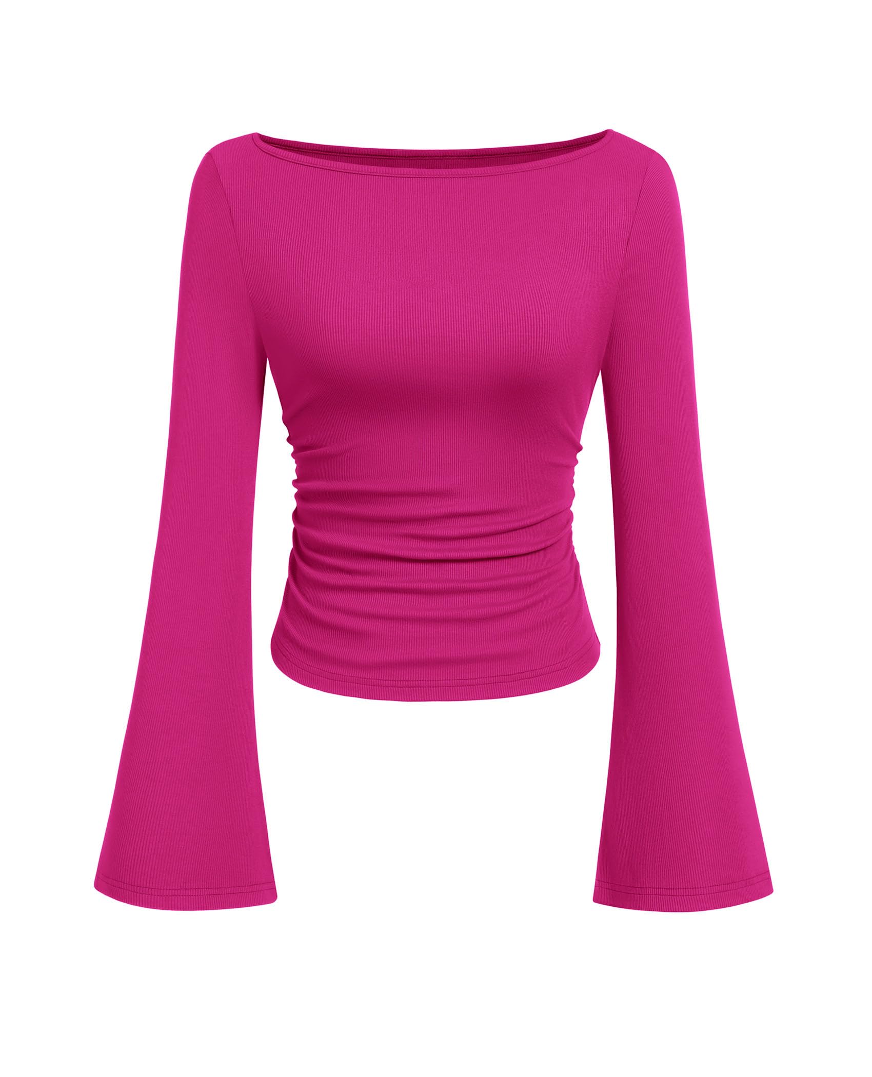 PRETTYGARDEN Women's Long Sleeve Shirts Fall Crop Going Out Tops Casual Boat Neck Bell Sleeve Ribbed Ruched Y2K Clothes