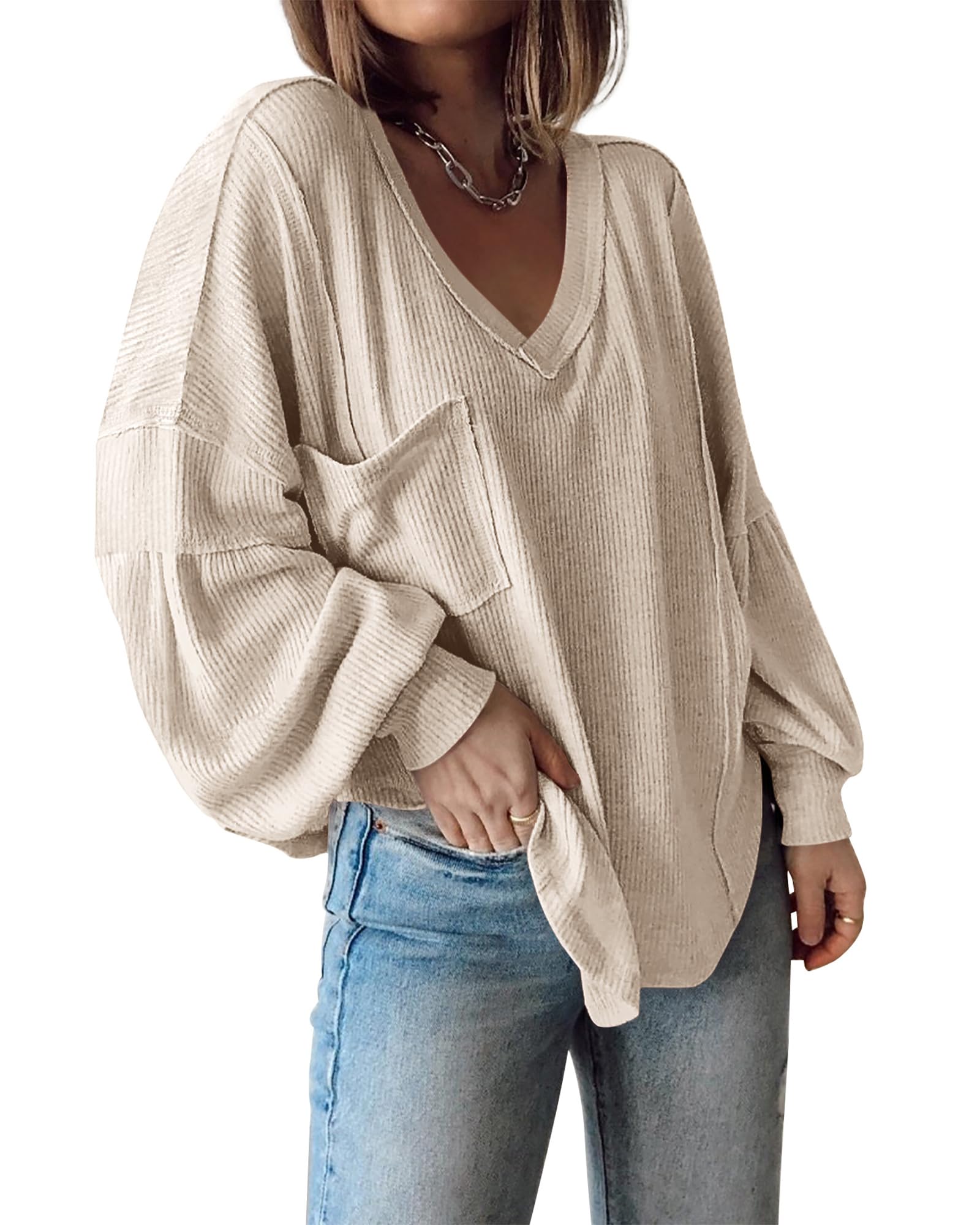 FreshPretty Womens Fall Fashion Long Sleeve Shirts Casual V Neck Ribbed Knit Blouses Pullover Trendy Loose Fit Tunic Tops