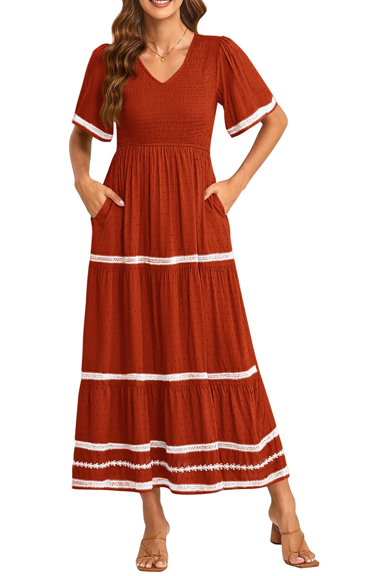 PRETTYGARDEN Women's Casual Summer Maxi Dress Short Sleeve Swiss Dot V Neck Smocked Long Flowy Beach Dresses