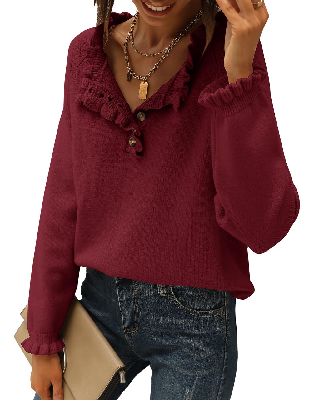 FreshPretty Womens Sweaters Fall Winter Clothes Long Sleeve Button Down Ruffle Crew Neck Casual Knitted Pullover Tops
