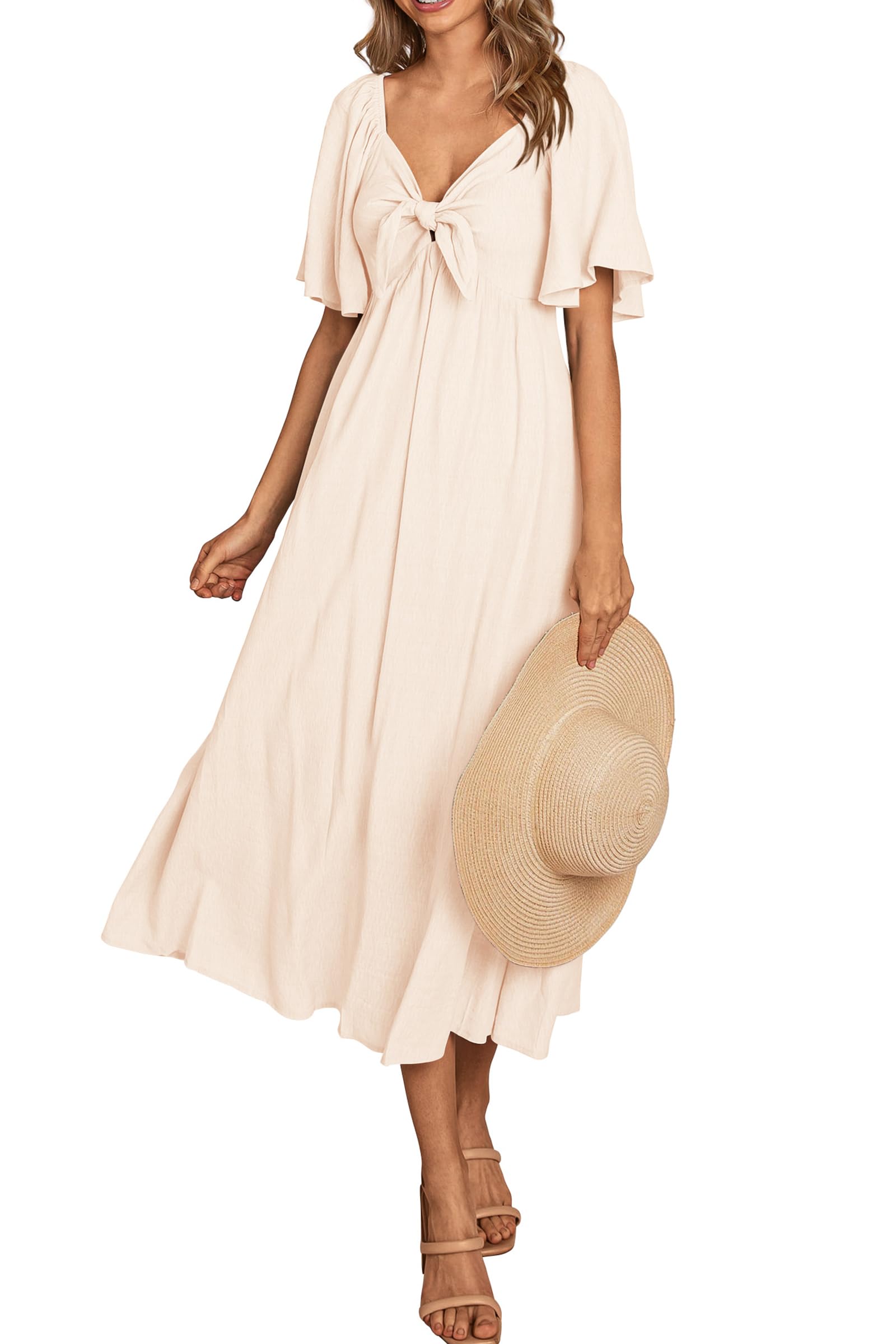 PRETTYGARDEN Summer Dress for Women Casual Short Sleeve Bow Tie V Neck Ruffle Midi Flowy Dresses