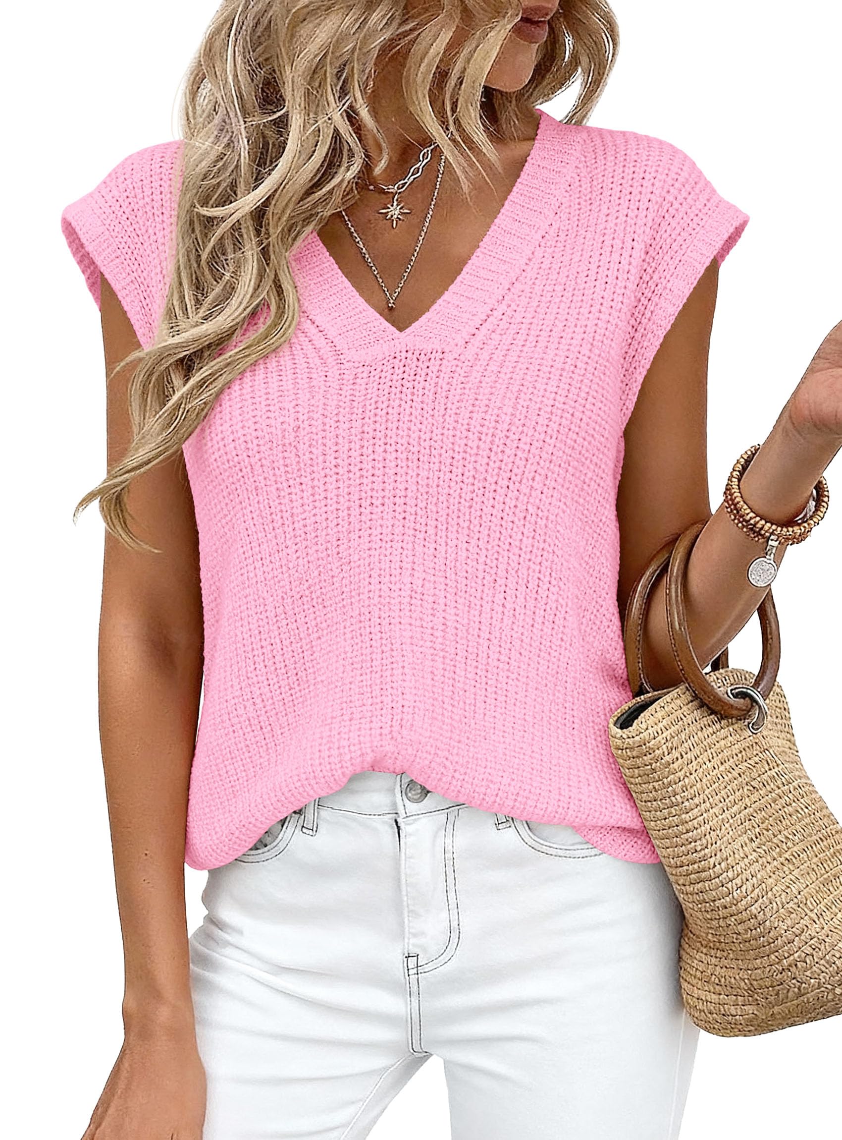 PRETTYGARDEN Women's Lightweight Sweaters Vest Spring Trendy Cap Sleeve V Neck Knit Tank Tops Summer Going Out Outfits