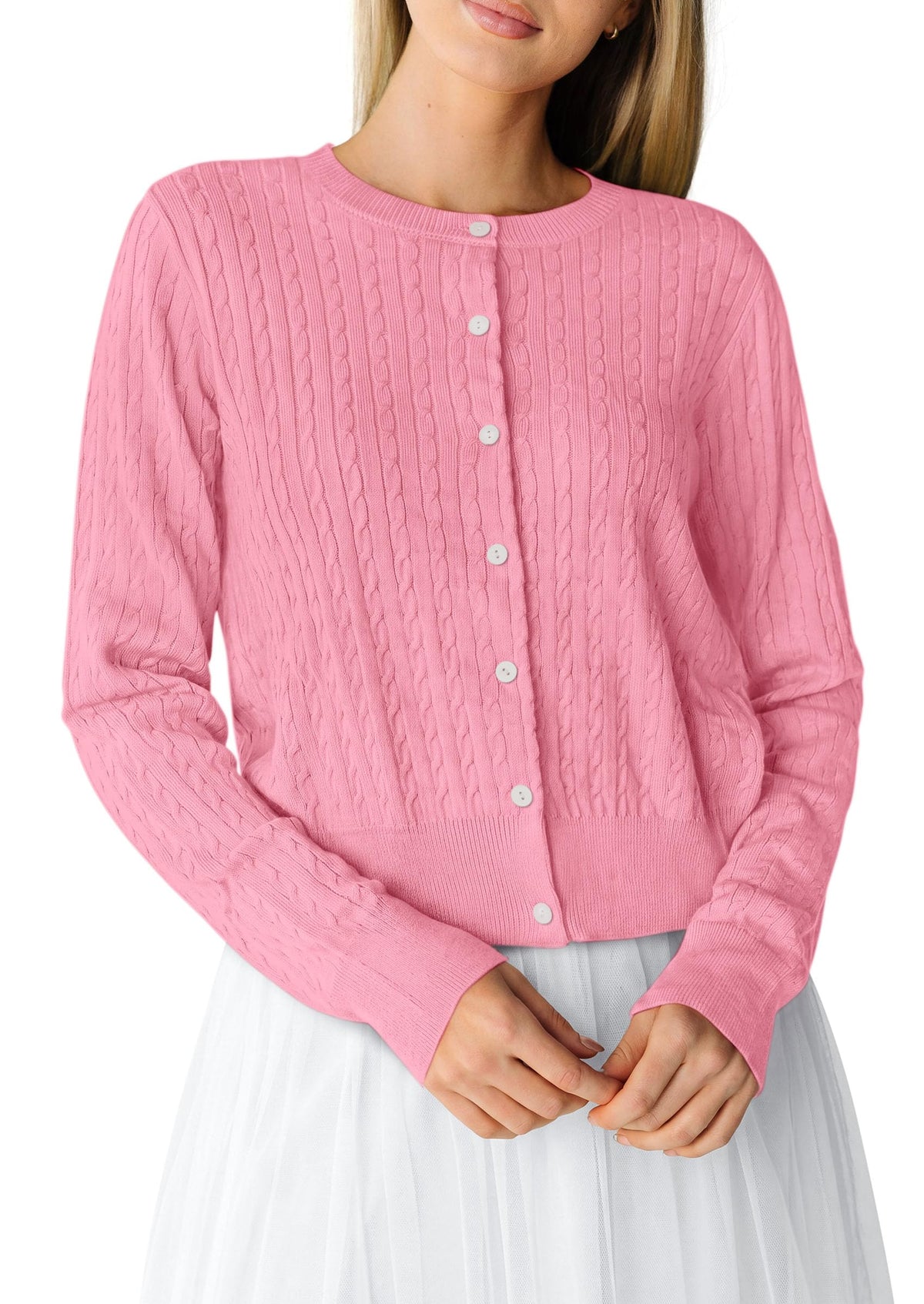 PRETTYGARDEN Women Lightweight Button Up Cardigan Sweaters | Soft Stretchy, Cozy Cable Knit, Long Sleeve Crew Neck, Trendy Cardigans, Cute Casual Outfits, Early Fall Fashion Clothing