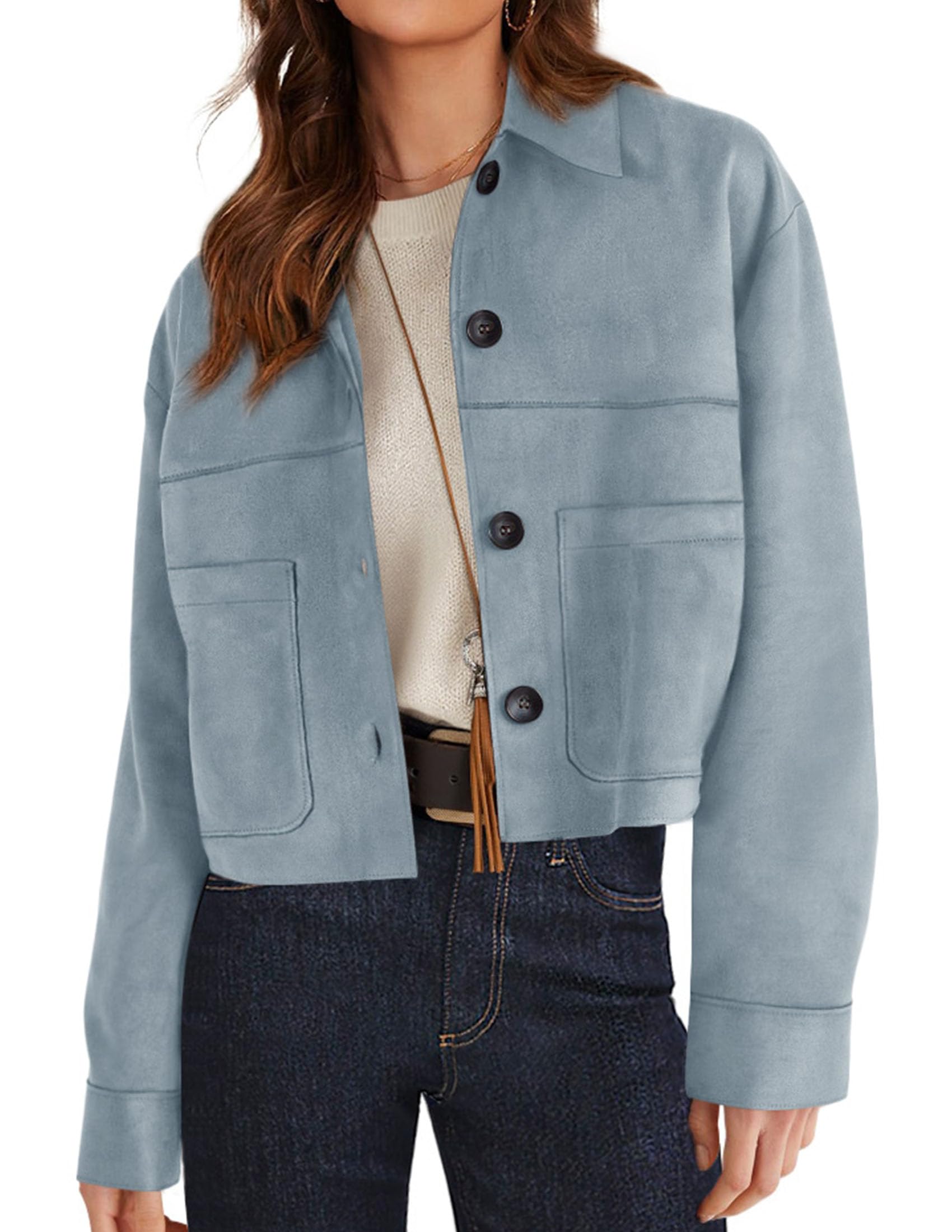 PRETTYGARDEN Women's Faux Suede Cropped Jacket Casual Lightweight Fall Fashion Winter Coats Outerwear Trendy Clothes