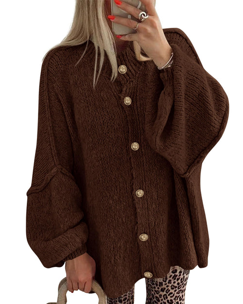 FreshPretty Cardigan Sweaters for Women Fall Clothes Lantern Long Sleeve Button Open Front Chunky Knit Oversized Sweater