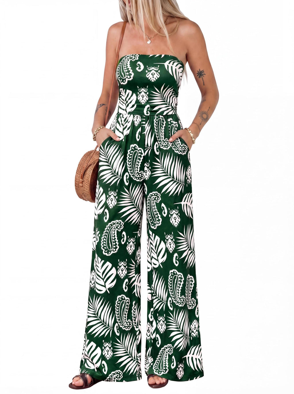 BTFBM Jumpsuits For Women Casual Floral Strapless Jumpsuit Wide Leg Rompers Beach Vacation Clothes Summer Outfits