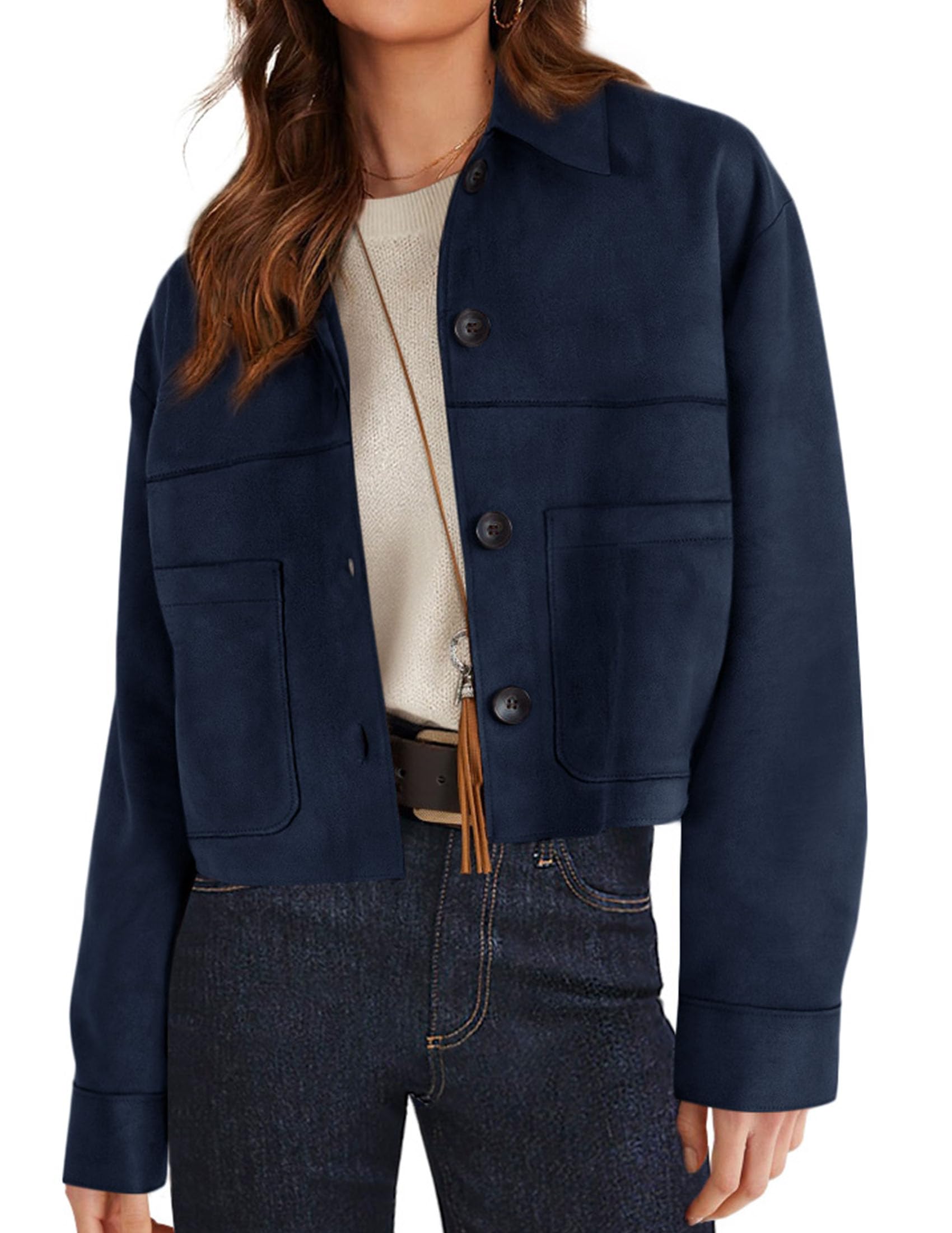 PRETTYGARDEN Women's Faux Suede Cropped Jacket Casual Lightweight Fall Fashion Winter Coats Outerwear Trendy Clothes