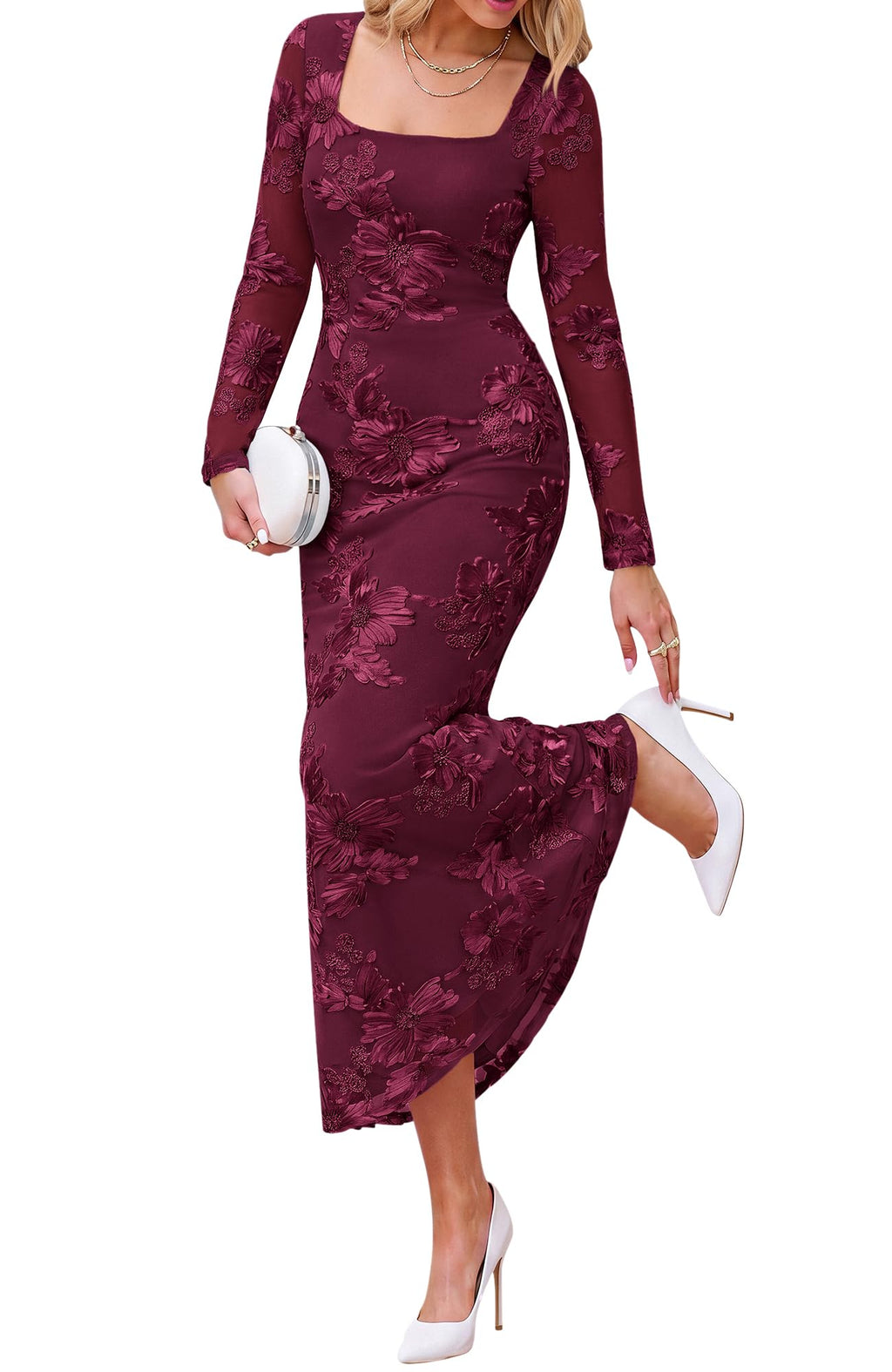 BTFBM Womens Long Sleeve Bodycon Floral Mesh Maxi Fall Wedding Guest Dress Semi Formal Dresses For Bridal Shower, Engagement, Cocktail, Homecoming, Prom, Birthday Party, Date Night Outfits, Lined