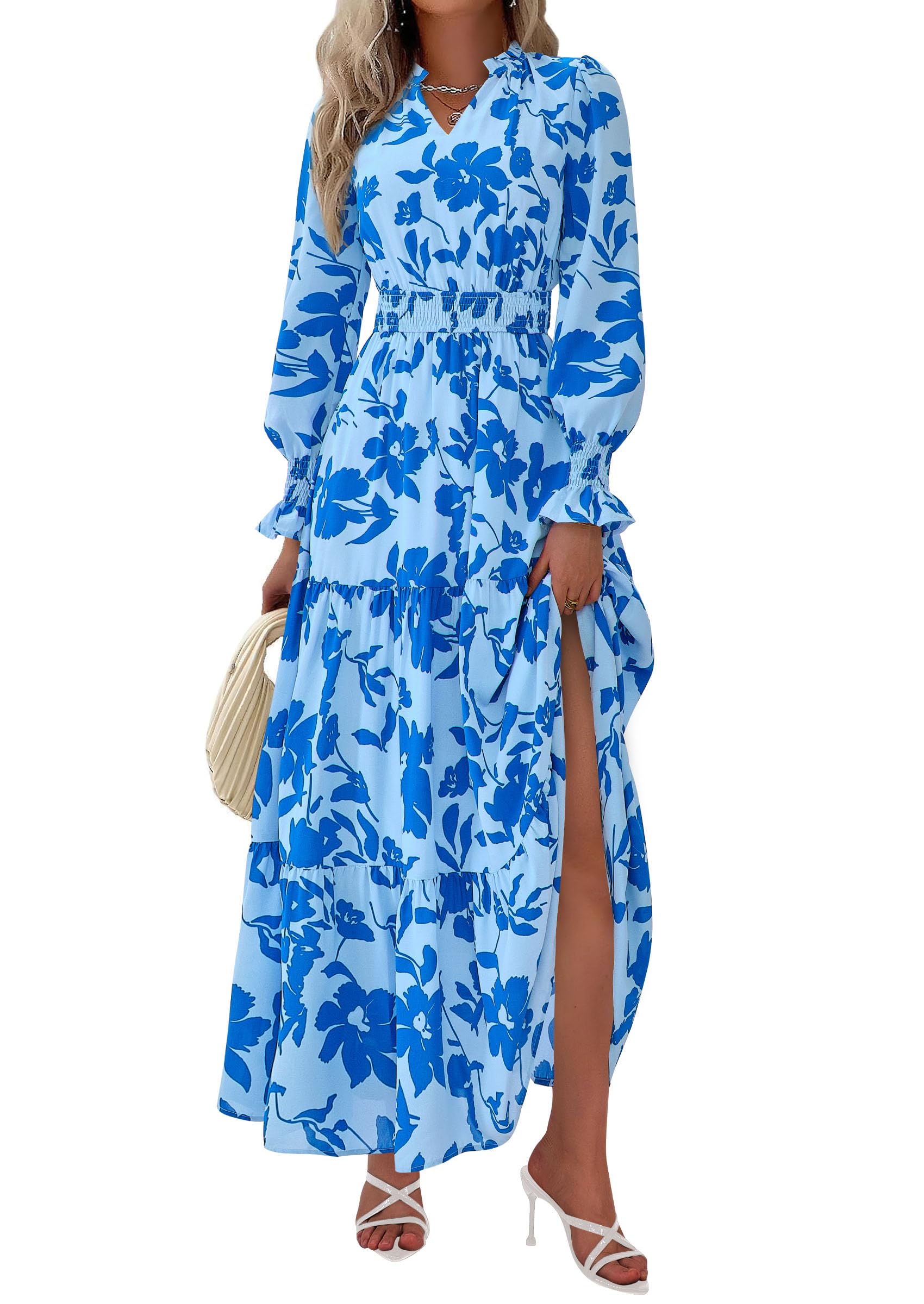 PRETTYGARDEN Women's Floral Maxi Dress Fall Long Sleeve V Neck Casual A Line Long Flowy Boho Party Dresses