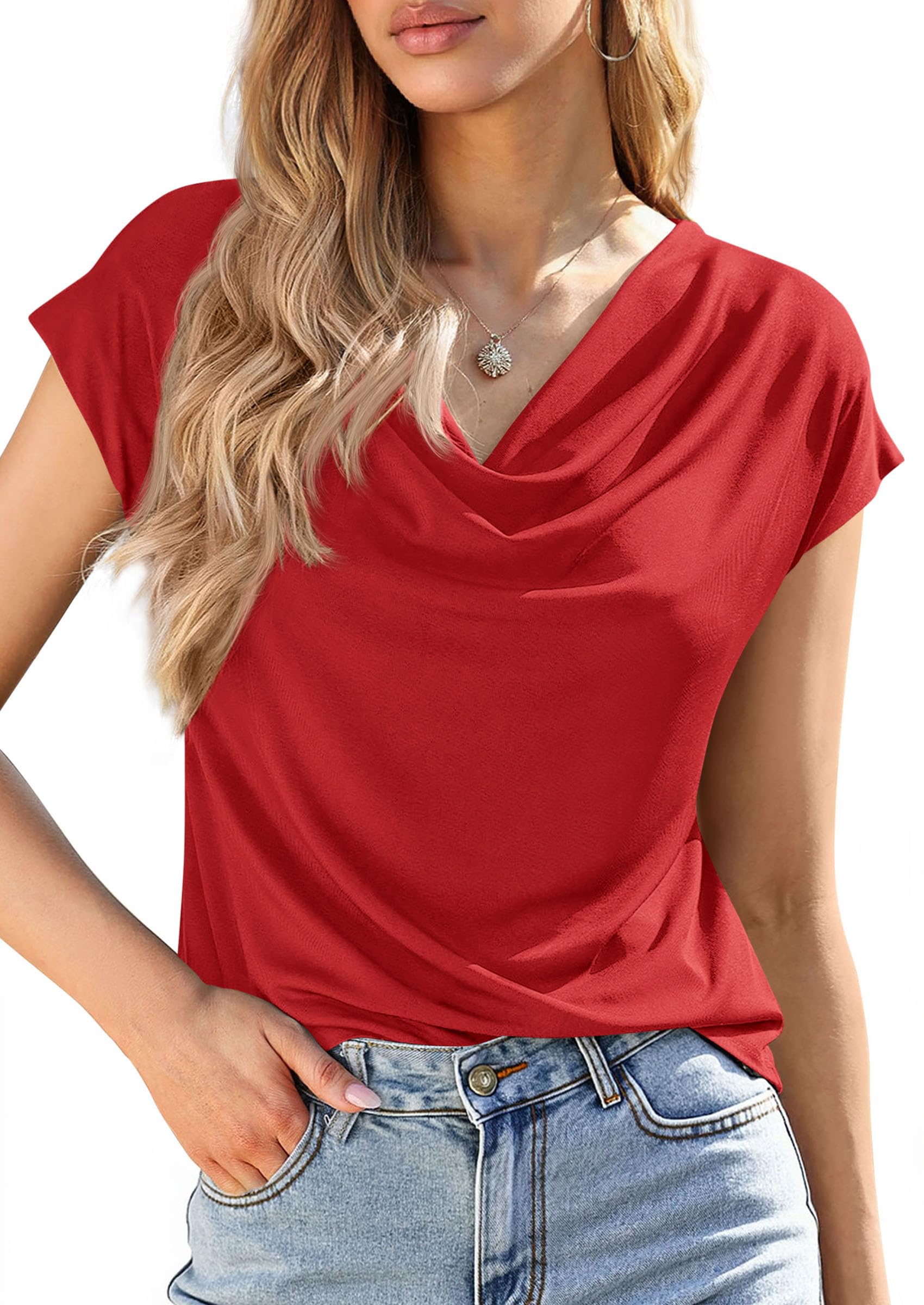 PRETTYGARDEN Womens Tops Dressy Casual Clothing Summer Cowl Neck Short Sleeve Blouses Spring Business Work Office Shirts