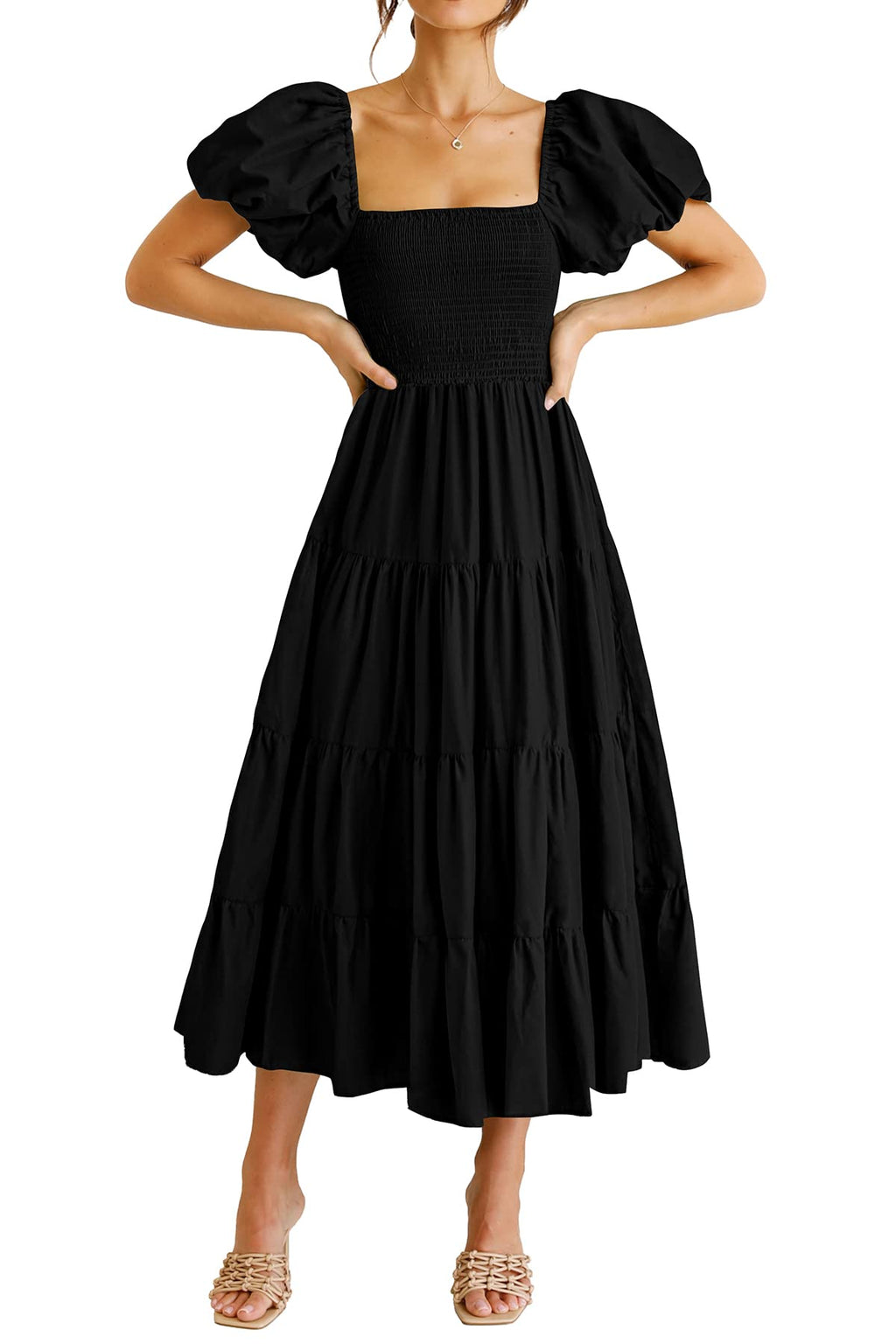 PRETTYGARDEN Women's Casual Summer Midi Dress Puffy Short Sleeve Square Neck Smocked Tiered Ruffle Dresses