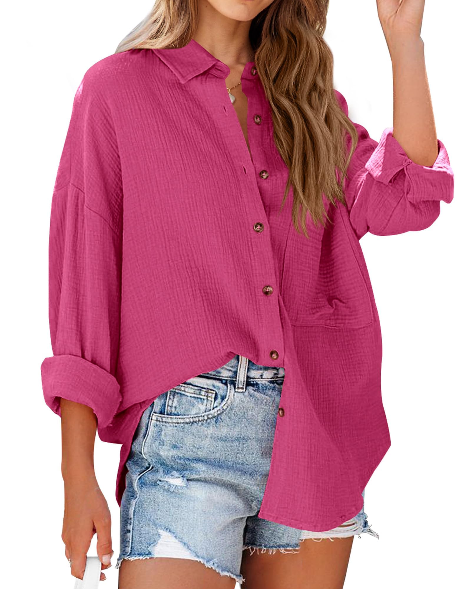 FreshPretty Casual Shirts for Women Long Sleeve Button Down Blouses Fall Solid Color Trendy Tops with Pocket