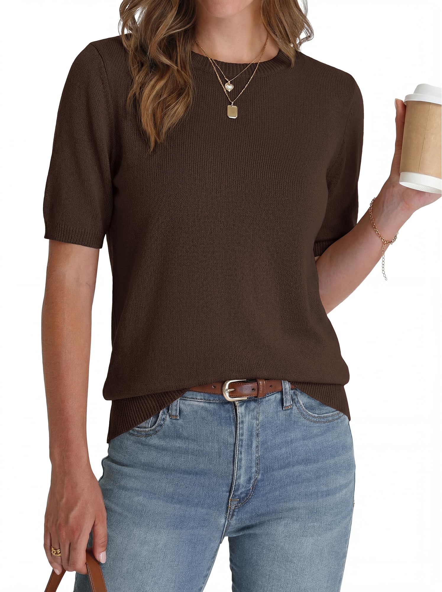 FreshPretty Short Sleeve Sweater for Women Spring Tops Crew Neck Lightweight Pullover Loose Dressy Casual Blouse Basic Clothes