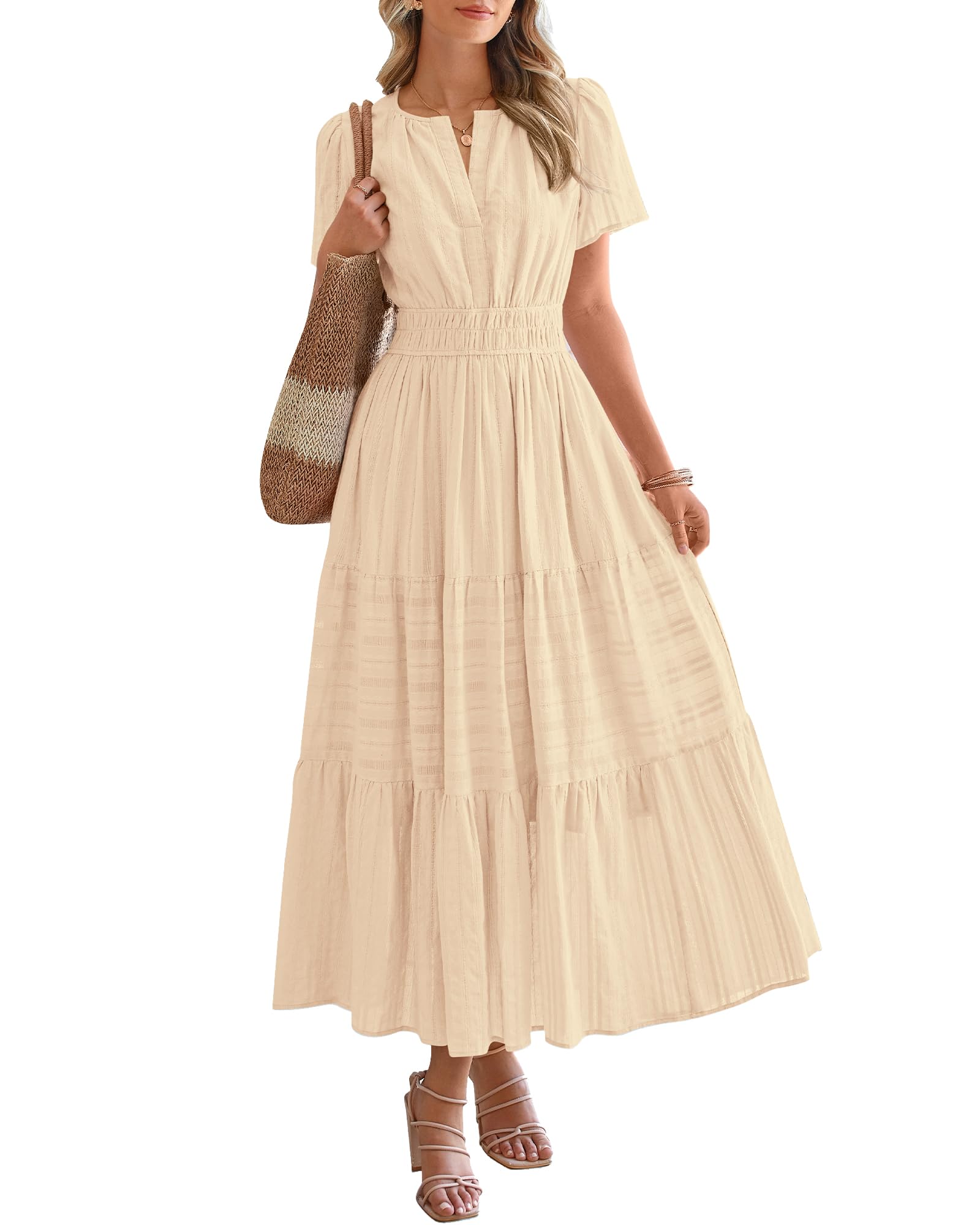 BTFBM Womens Summer Casual Midi Maxi Dresses Lightweight Short Sleeve V Neck Elastic Waist Boho Beach Dress Pockets