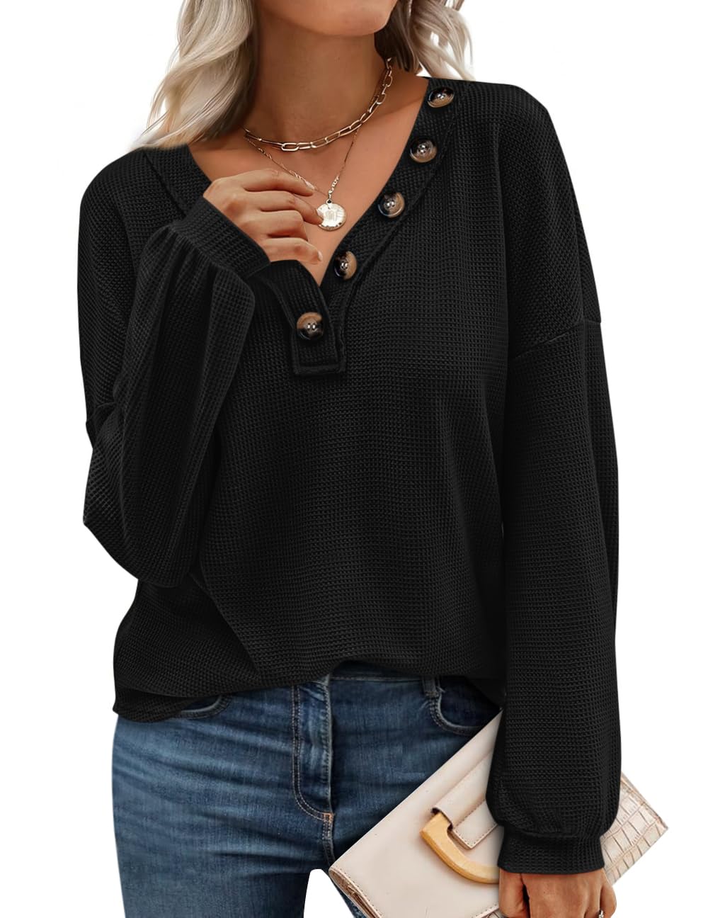 FreshPretty Womens Fall Fashion Long Sleeve Shirts Spring V Neck Loose Casual Deco Button Lightweight Waffle Knit Tops