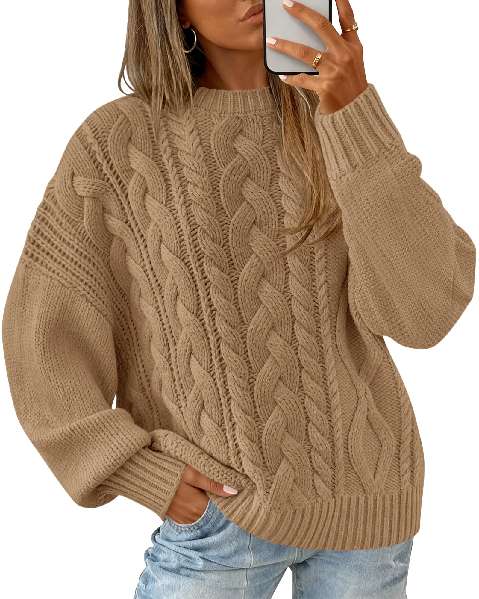 BTFBM Women's Oversized Sweaters Batwing Long Sleeve Cable Knit Crewneck Pullover Tops Fall Outfits Winter Clothing