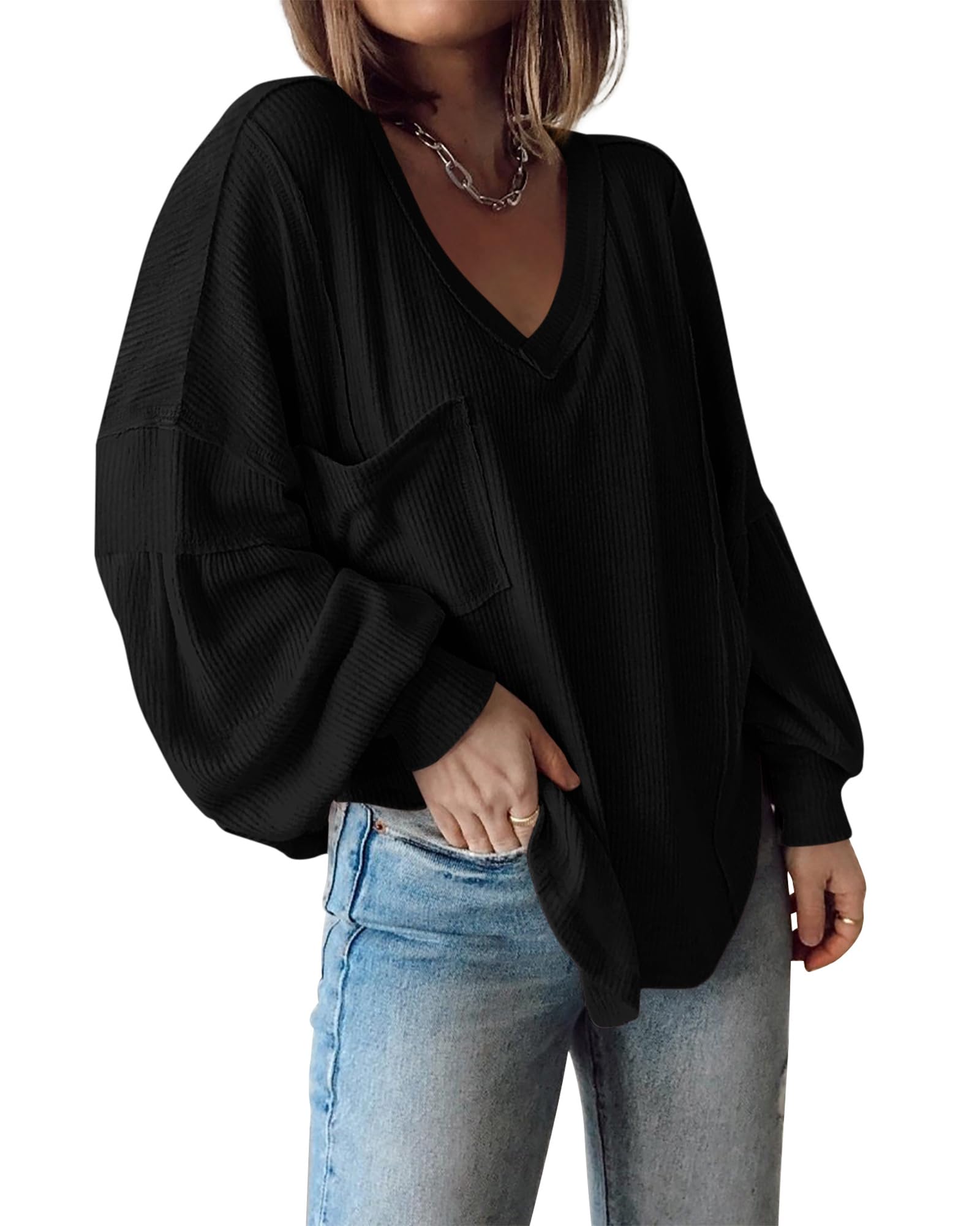 FreshPretty Womens Fall Fashion Long Sleeve Shirts Casual V Neck Ribbed Knit Blouses Pullover Trendy Loose Fit Tunic Tops