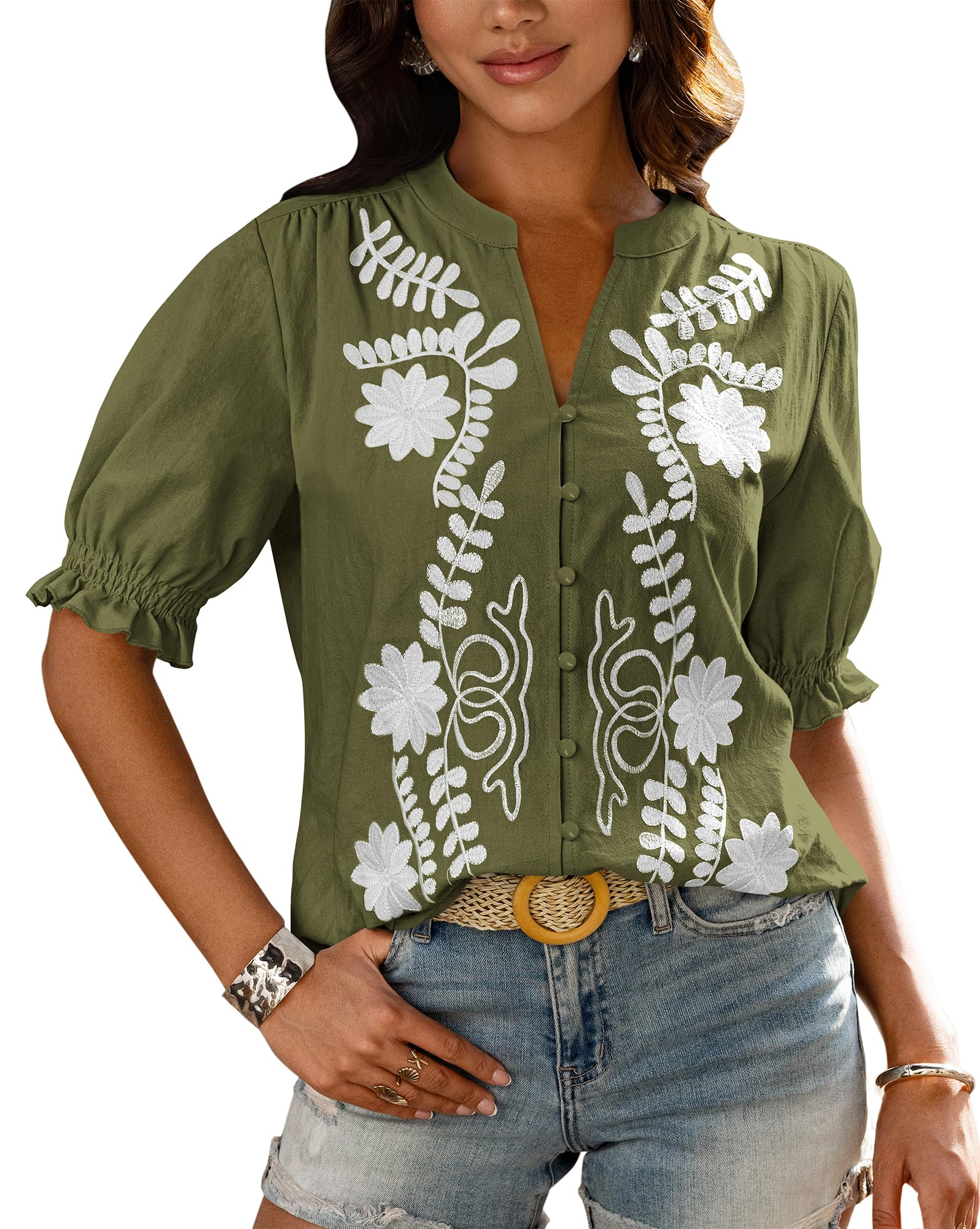 BTFBM Women's Spring Tops Casual Floral Boho V Neck Puff Short Sleeve Button Down Shirts Embroidered Blouses Tunic