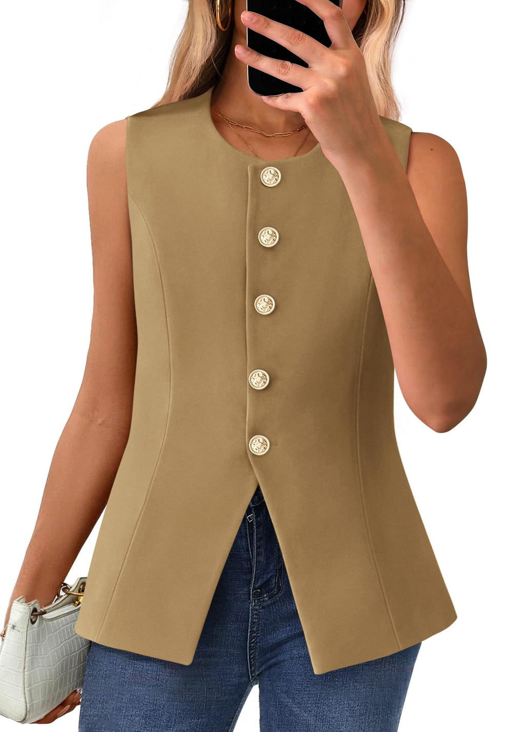 BTFBM Summer Sleeveless Blazer Vest For Women Dressy Button Down Round Neck Business Casual Outfits Work Suit Vests Tops